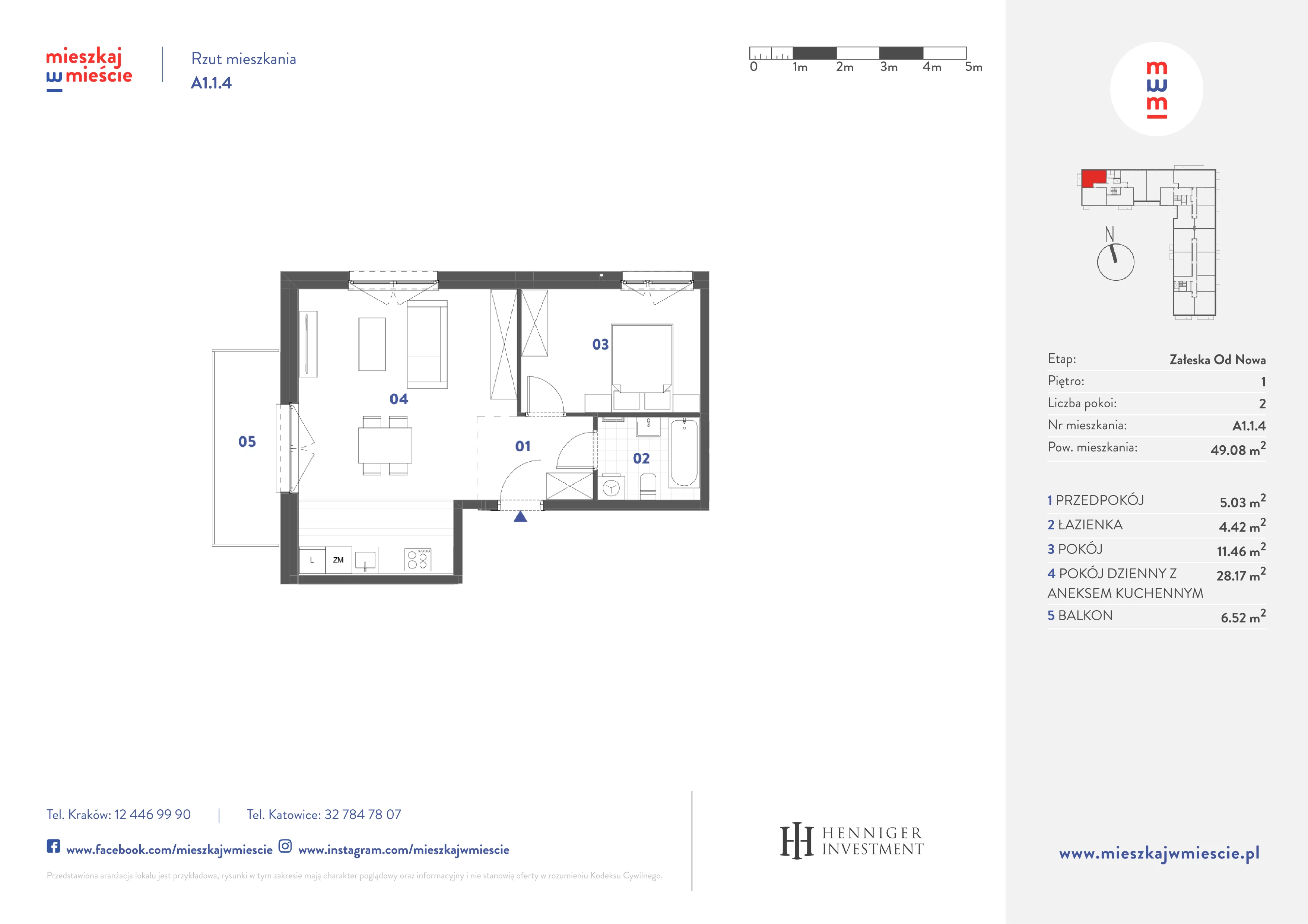 2 pokoje, mieszkanie 49,08 m², piętro 1, oferta nr A1.1.4, Mieszkaj w mieście Załęska od Nowa, Katowice, Załęska Hałda-Brynów, Załęska Hałda, ul. Załęska Hałda