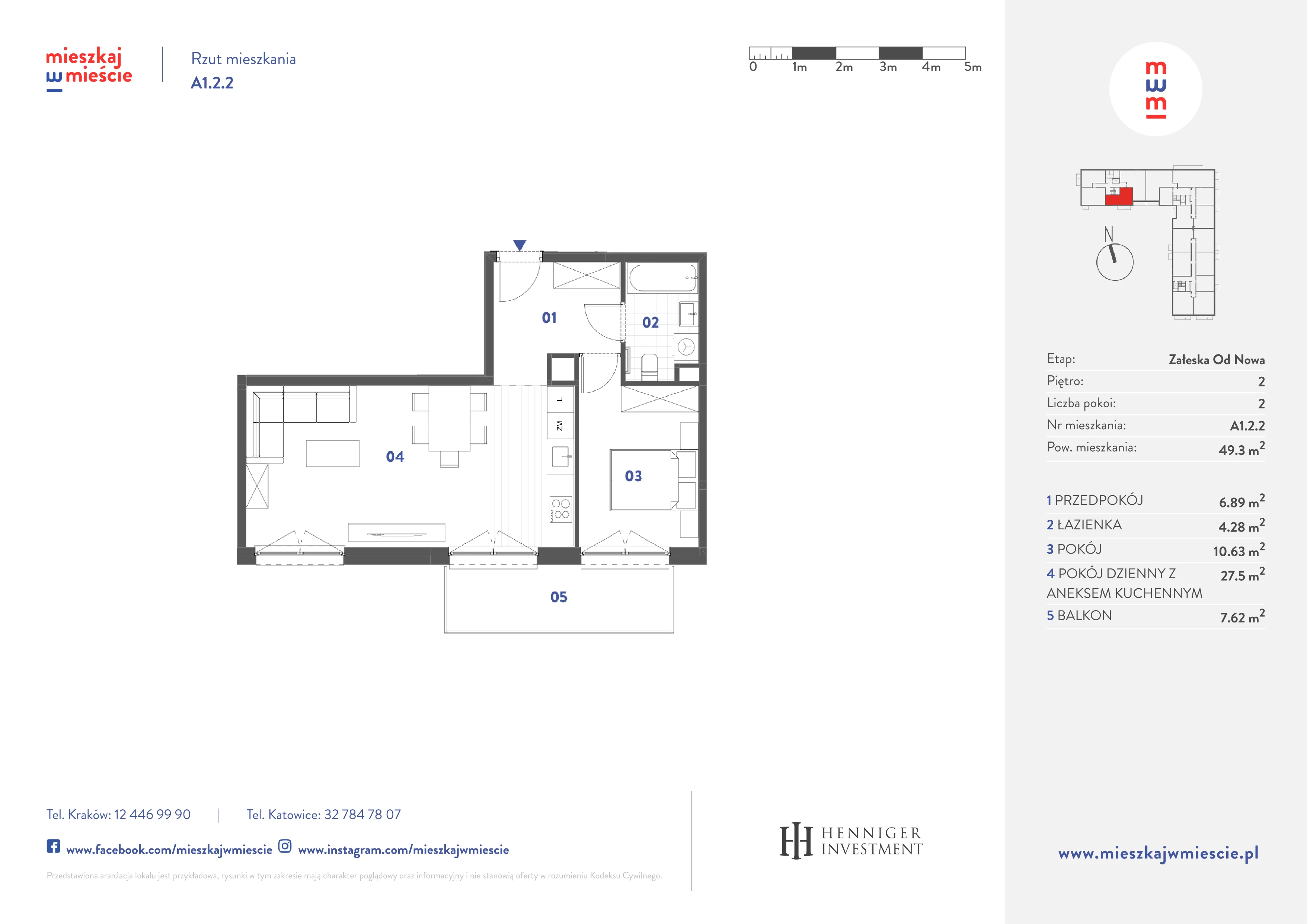 2 pokoje, mieszkanie 49,30 m², piętro 2, oferta nr A1.2.2, Mieszkaj w mieście Załęska od Nowa, Katowice, Załęska Hałda-Brynów, Załęska Hałda, ul. Załęska Hałda