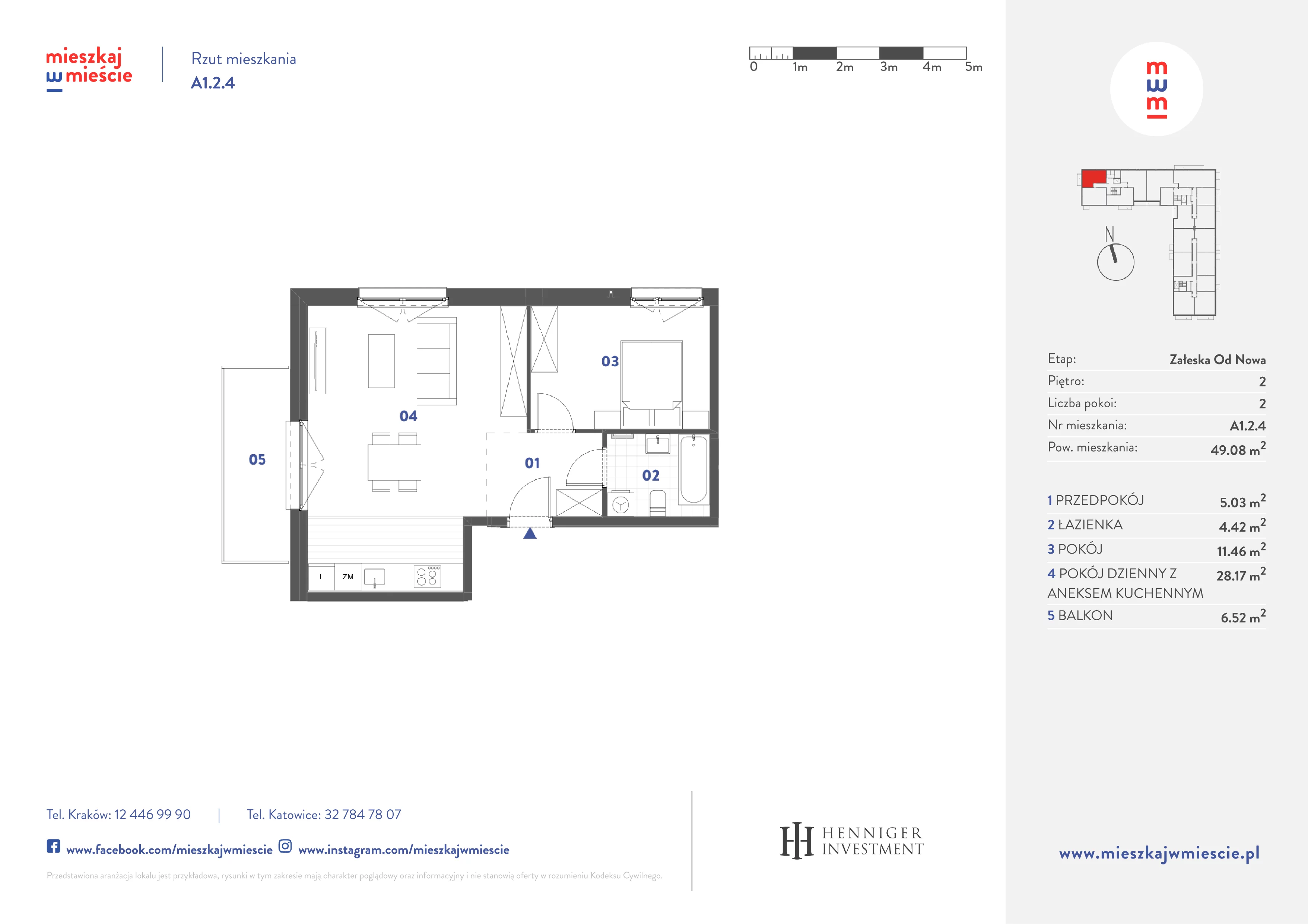 2 pokoje, mieszkanie 49,08 m², piętro 2, oferta nr A1.2.4, Mieszkaj w mieście Załęska od Nowa, Katowice, Załęska Hałda-Brynów, Załęska Hałda, ul. Załęska Hałda