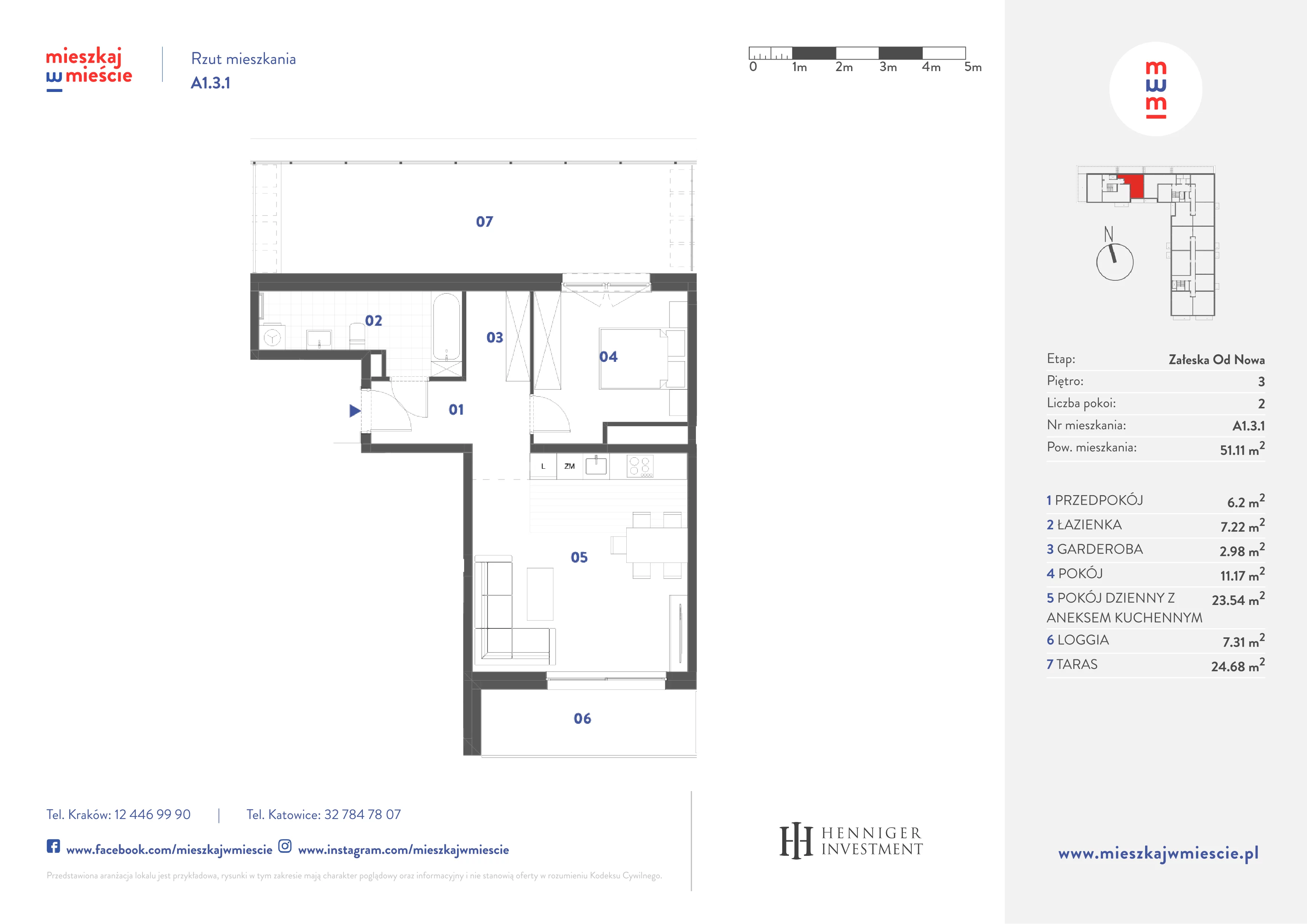 2 pokoje, mieszkanie 51,11 m², piętro 3, oferta nr A1.3.1, Mieszkaj w mieście Załęska od Nowa, Katowice, Załęska Hałda-Brynów, Załęska Hałda, ul. Załęska Hałda