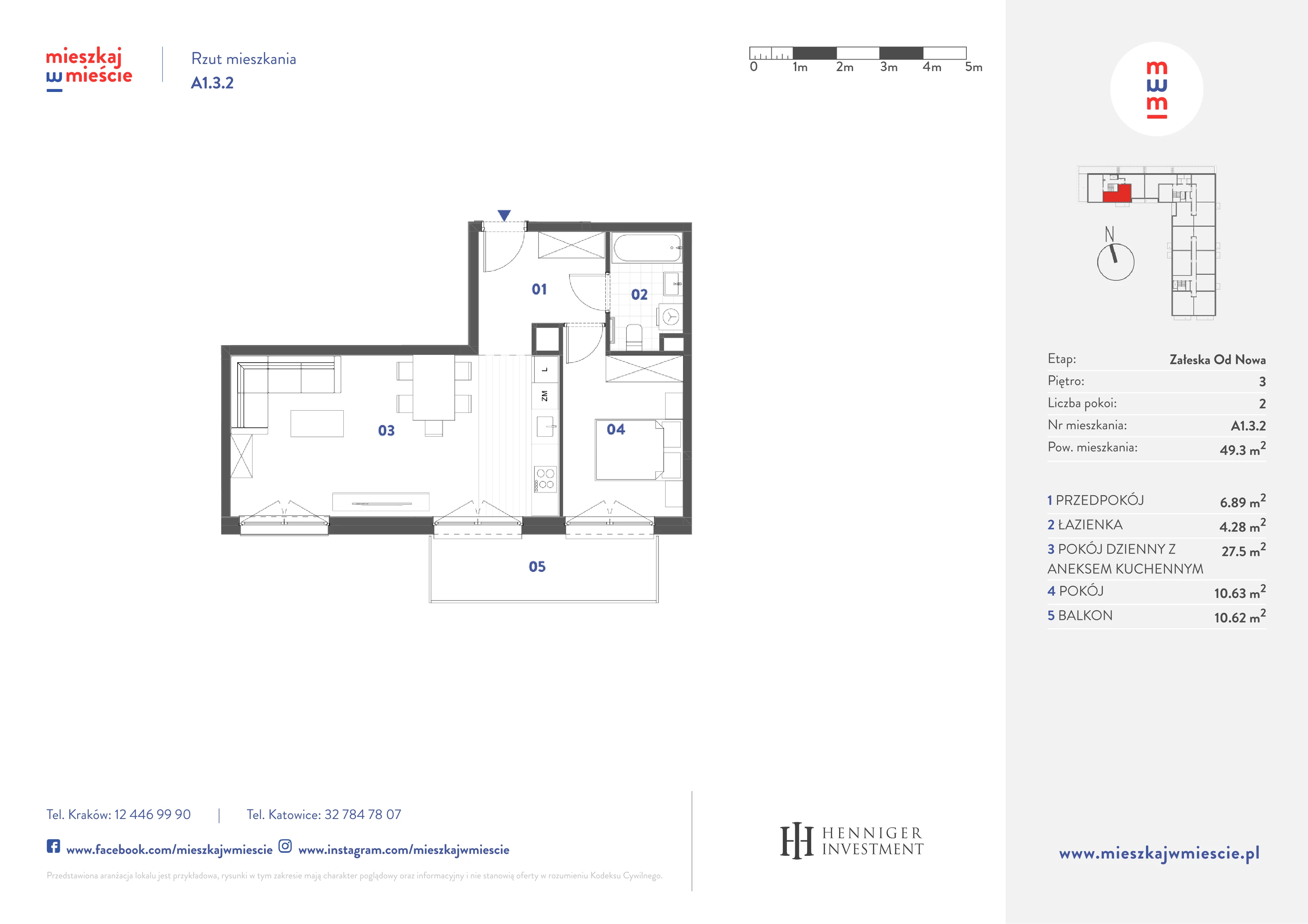 2 pokoje, mieszkanie 49,30 m², piętro 3, oferta nr A1.3.2, Mieszkaj w mieście Załęska od Nowa, Katowice, Załęska Hałda-Brynów, Załęska Hałda, ul. Załęska Hałda