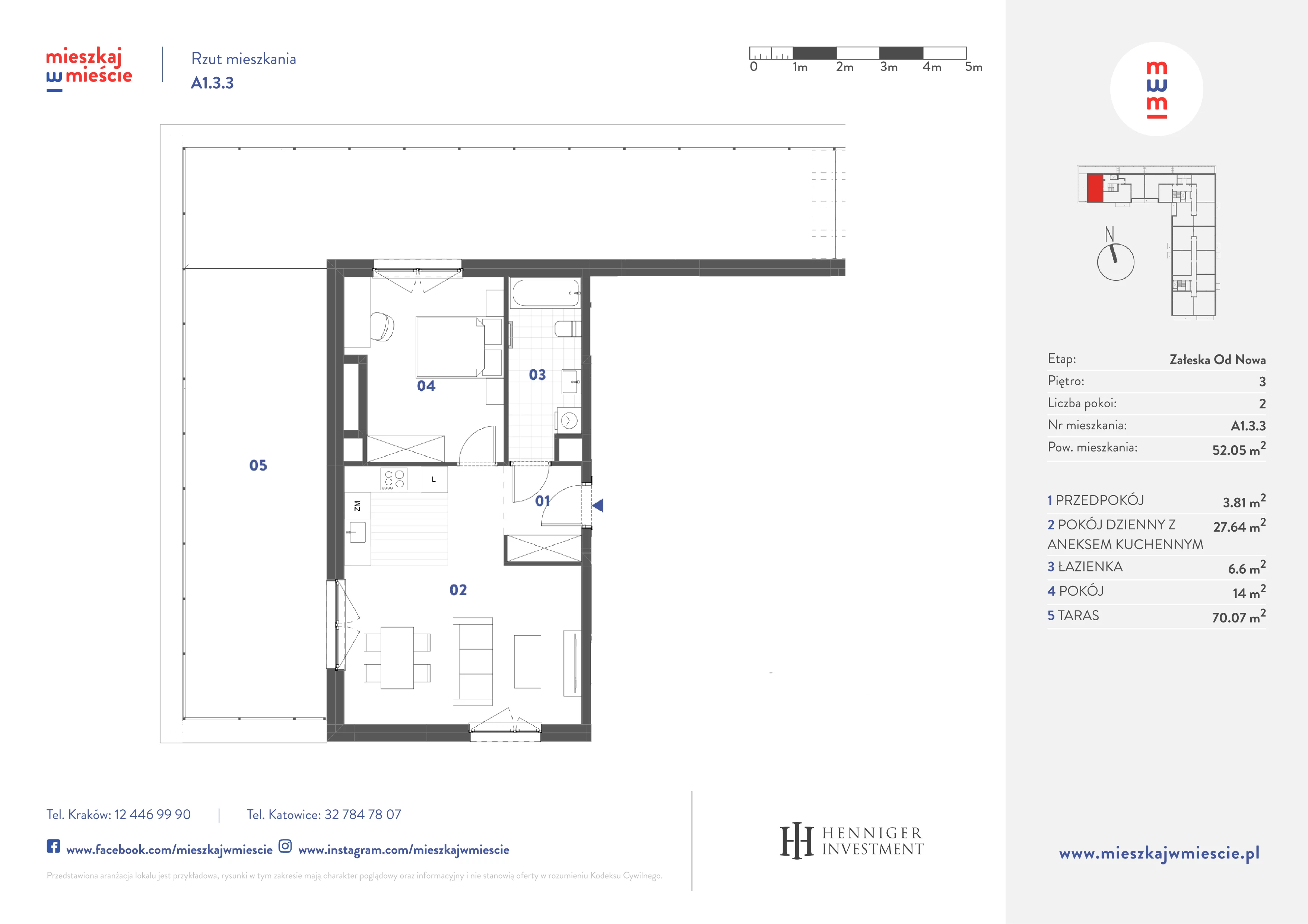 2 pokoje, mieszkanie 52,05 m², piętro 3, oferta nr A1.3.3, Mieszkaj w mieście Załęska od Nowa, Katowice, Załęska Hałda-Brynów, Załęska Hałda, ul. Załęska Hałda