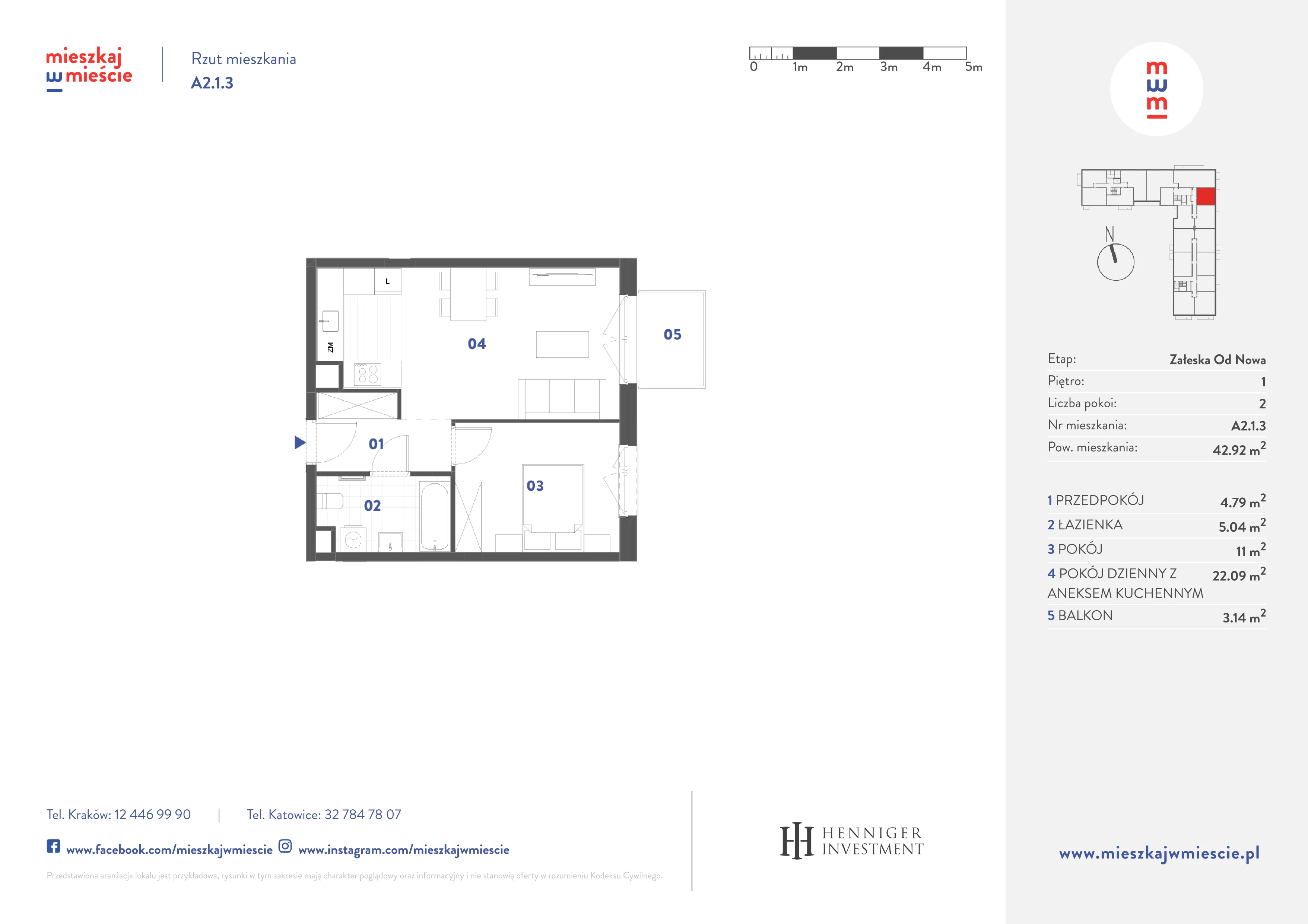 2 pokoje, mieszkanie 42,92 m², piętro 1, oferta nr A2.1.3, Mieszkaj w mieście Załęska od Nowa, Katowice, Załęska Hałda-Brynów, Załęska Hałda, ul. Załęska Hałda
