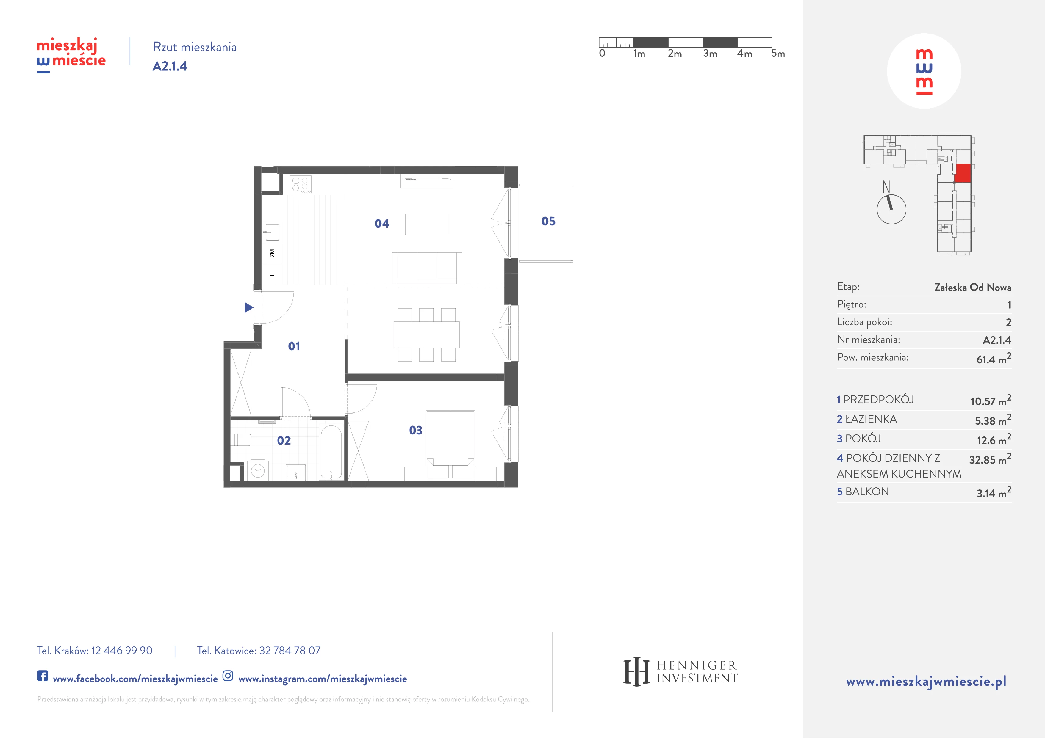 2 pokoje, mieszkanie 61,40 m², piętro 1, oferta nr A2.1.4, Mieszkaj w mieście Załęska od Nowa, Katowice, Załęska Hałda-Brynów, Załęska Hałda, ul. Załęska Hałda