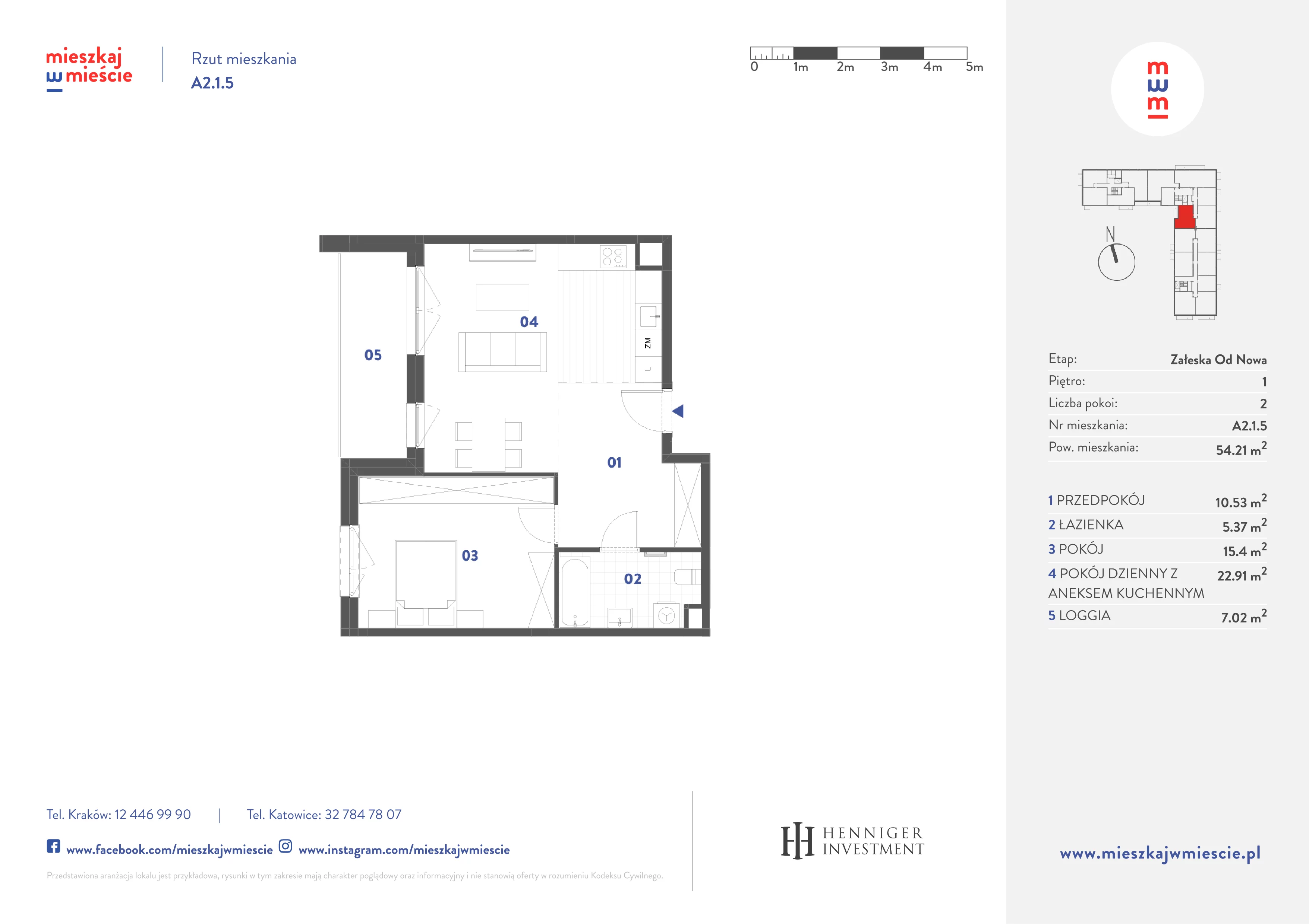 2 pokoje, mieszkanie 54,21 m², piętro 1, oferta nr A2.1.5, Mieszkaj w mieście Załęska od Nowa, Katowice, Załęska Hałda-Brynów, Załęska Hałda, ul. Załęska Hałda