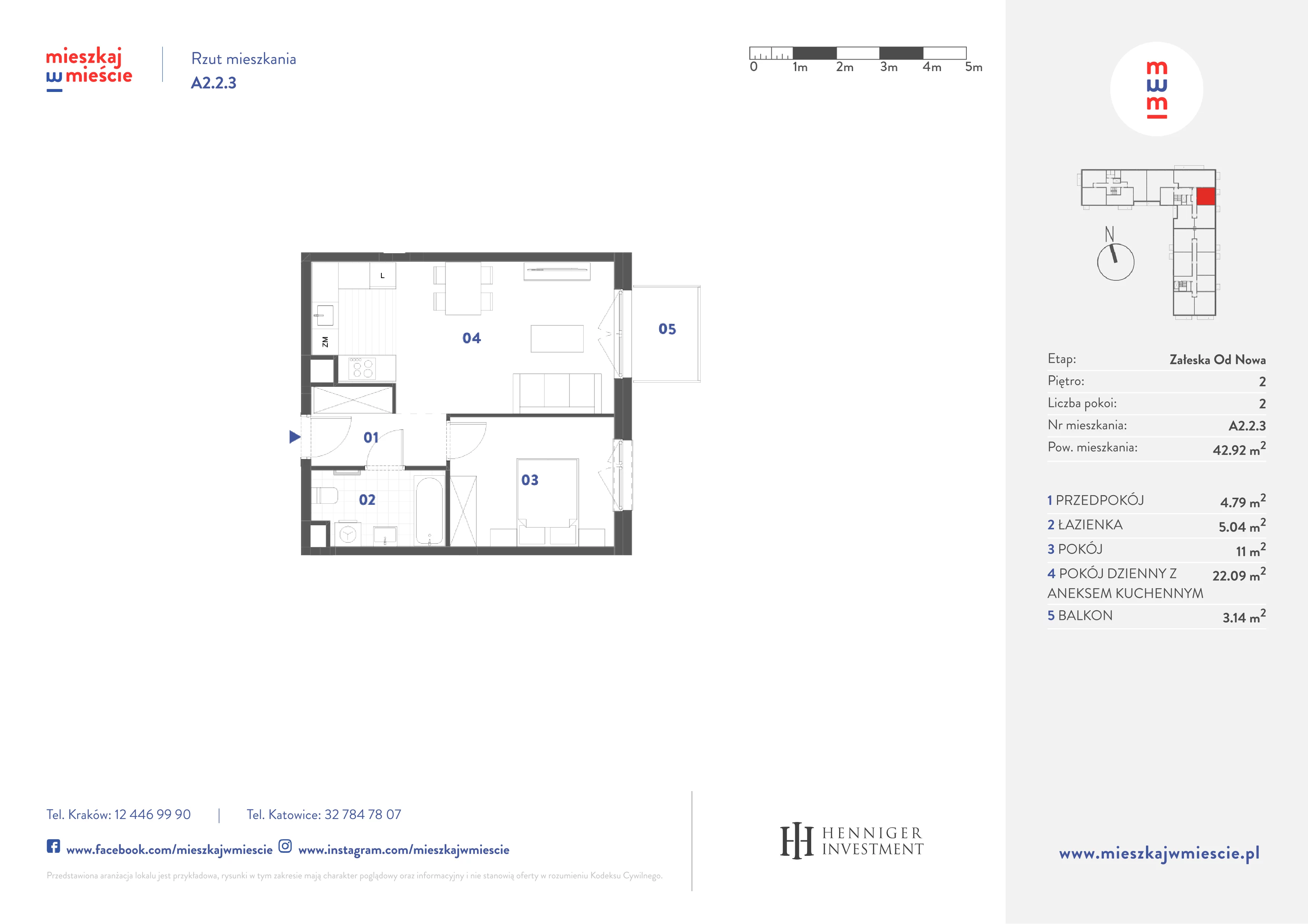 2 pokoje, mieszkanie 42,92 m², piętro 2, oferta nr A2.2.3, Mieszkaj w mieście Załęska od Nowa, Katowice, Załęska Hałda-Brynów, Załęska Hałda, ul. Załęska Hałda