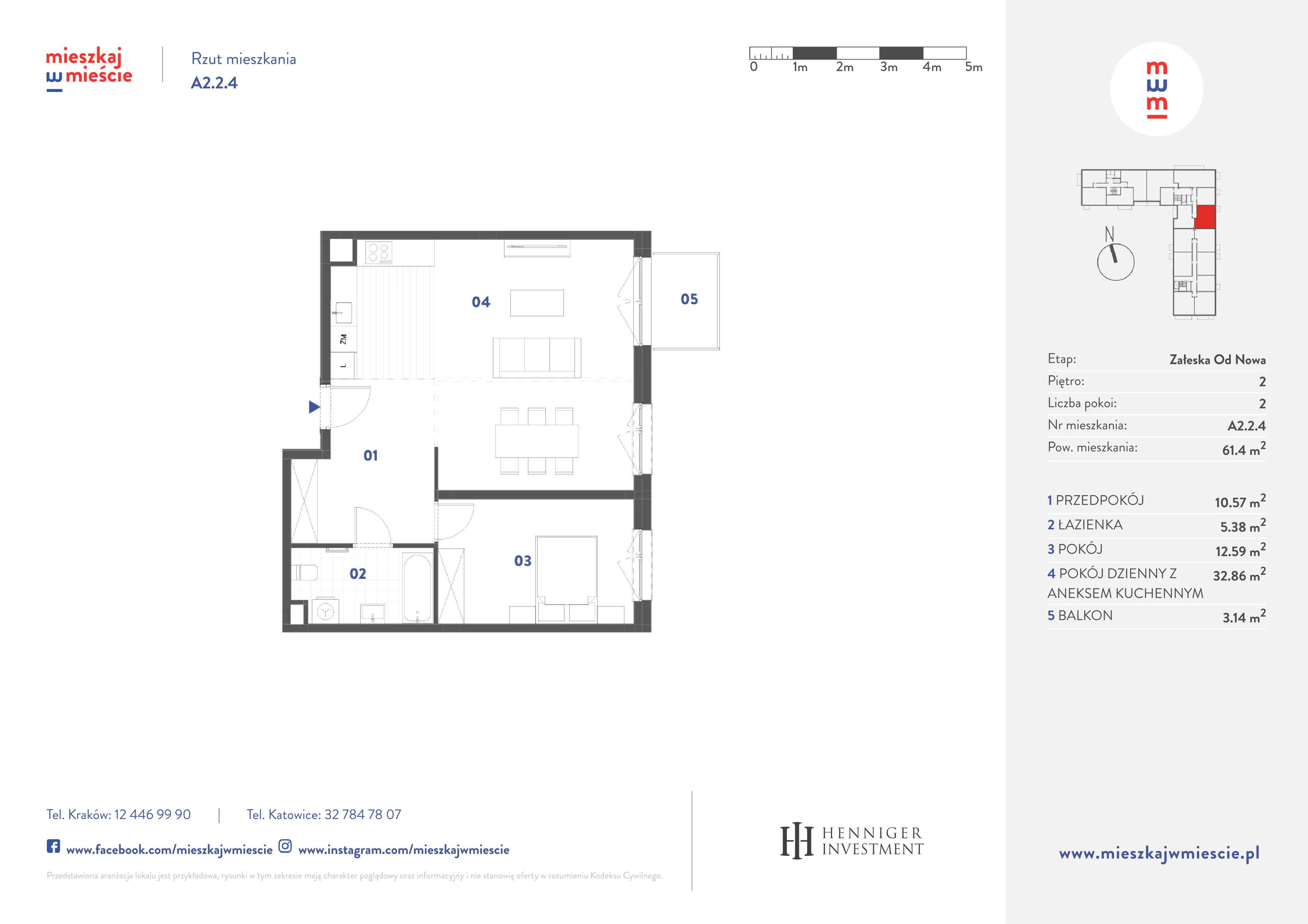 2 pokoje, mieszkanie 61,40 m², piętro 2, oferta nr A2.2.4, Mieszkaj w mieście Załęska od Nowa, Katowice, Załęska Hałda-Brynów, Załęska Hałda, ul. Załęska Hałda