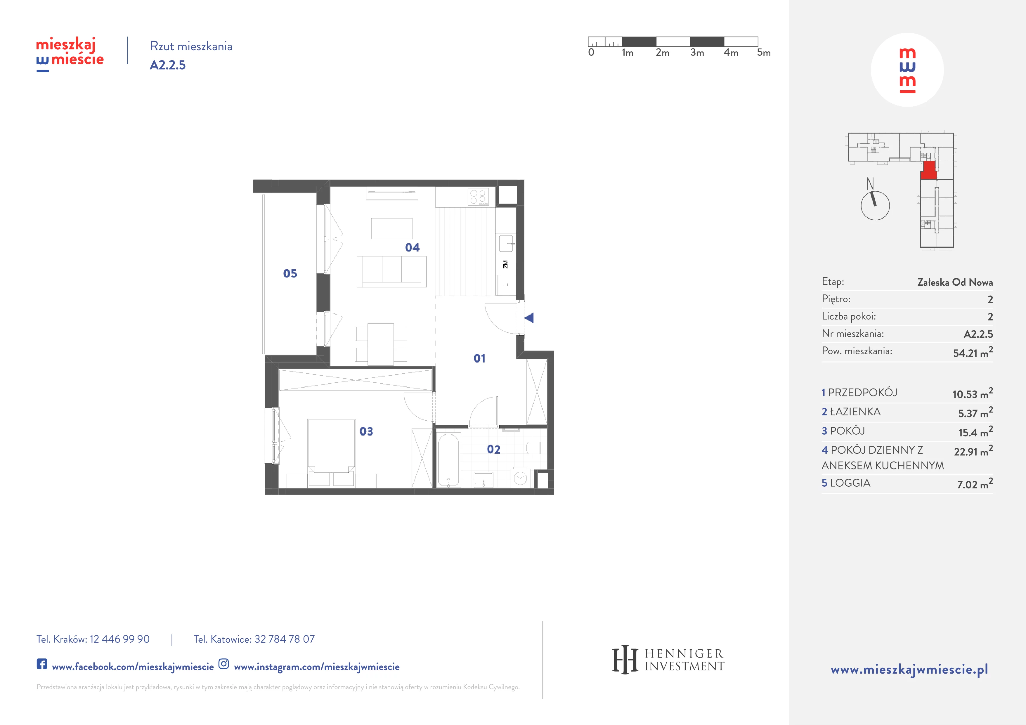 2 pokoje, mieszkanie 54,21 m², piętro 2, oferta nr A2.2.5, Mieszkaj w mieście Załęska od Nowa, Katowice, Załęska Hałda-Brynów, Załęska Hałda, ul. Załęska Hałda