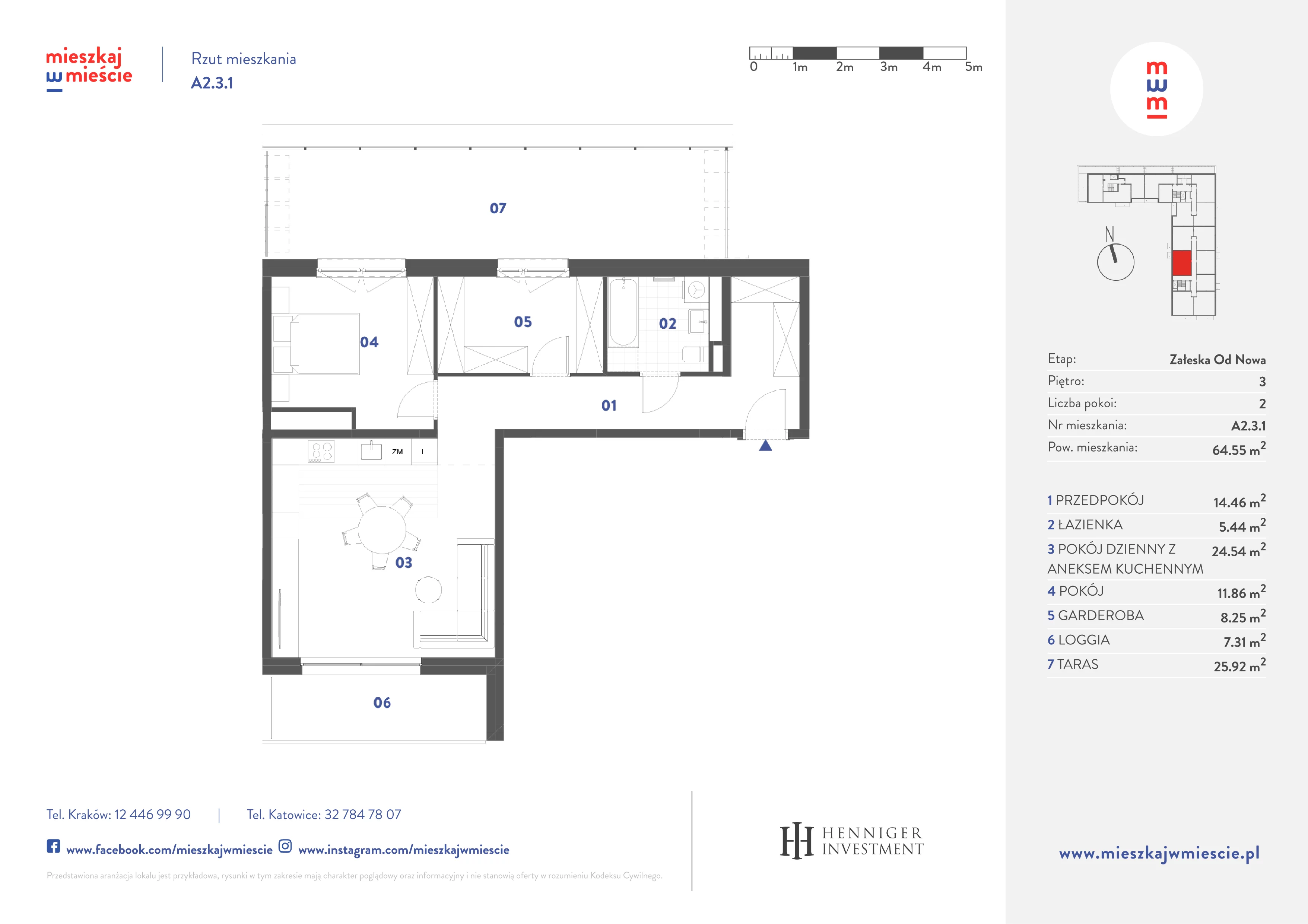2 pokoje, mieszkanie 64,55 m², piętro 3, oferta nr A2.3.1, Mieszkaj w mieście Załęska od Nowa, Katowice, Załęska Hałda-Brynów, Załęska Hałda, ul. Załęska Hałda