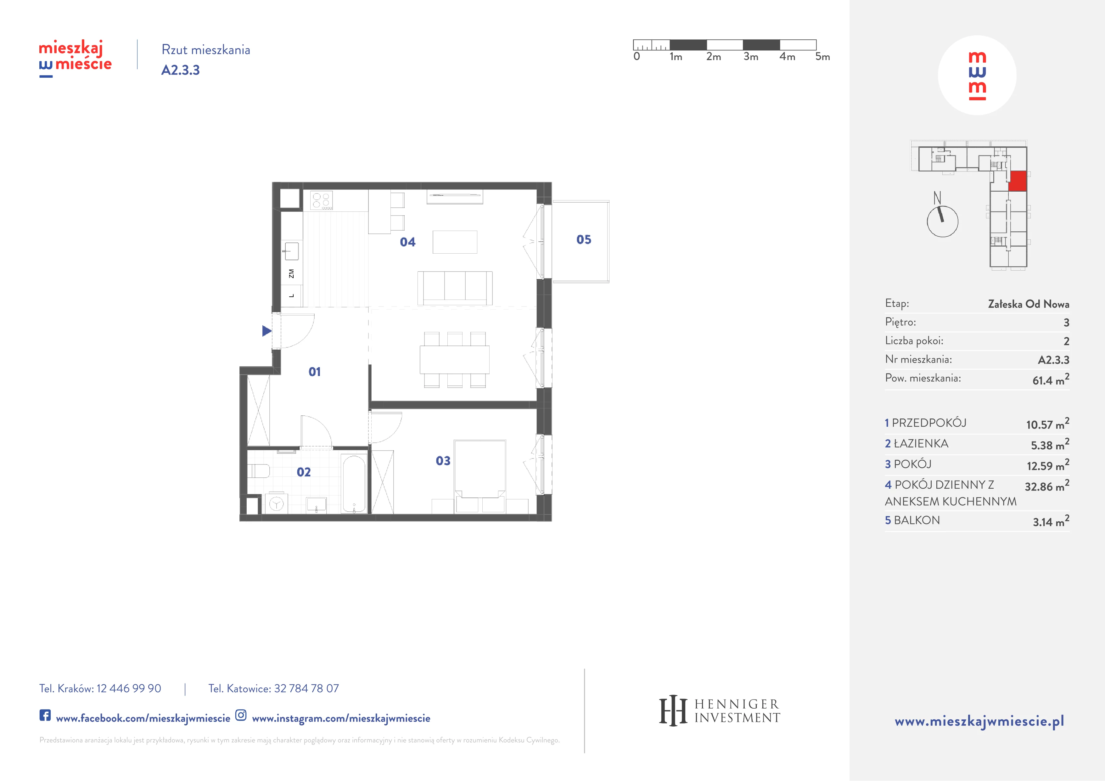 2 pokoje, mieszkanie 61,40 m², piętro 3, oferta nr A2.3.3, Mieszkaj w mieście Załęska od Nowa, Katowice, Załęska Hałda-Brynów, Załęska Hałda, ul. Załęska Hałda
