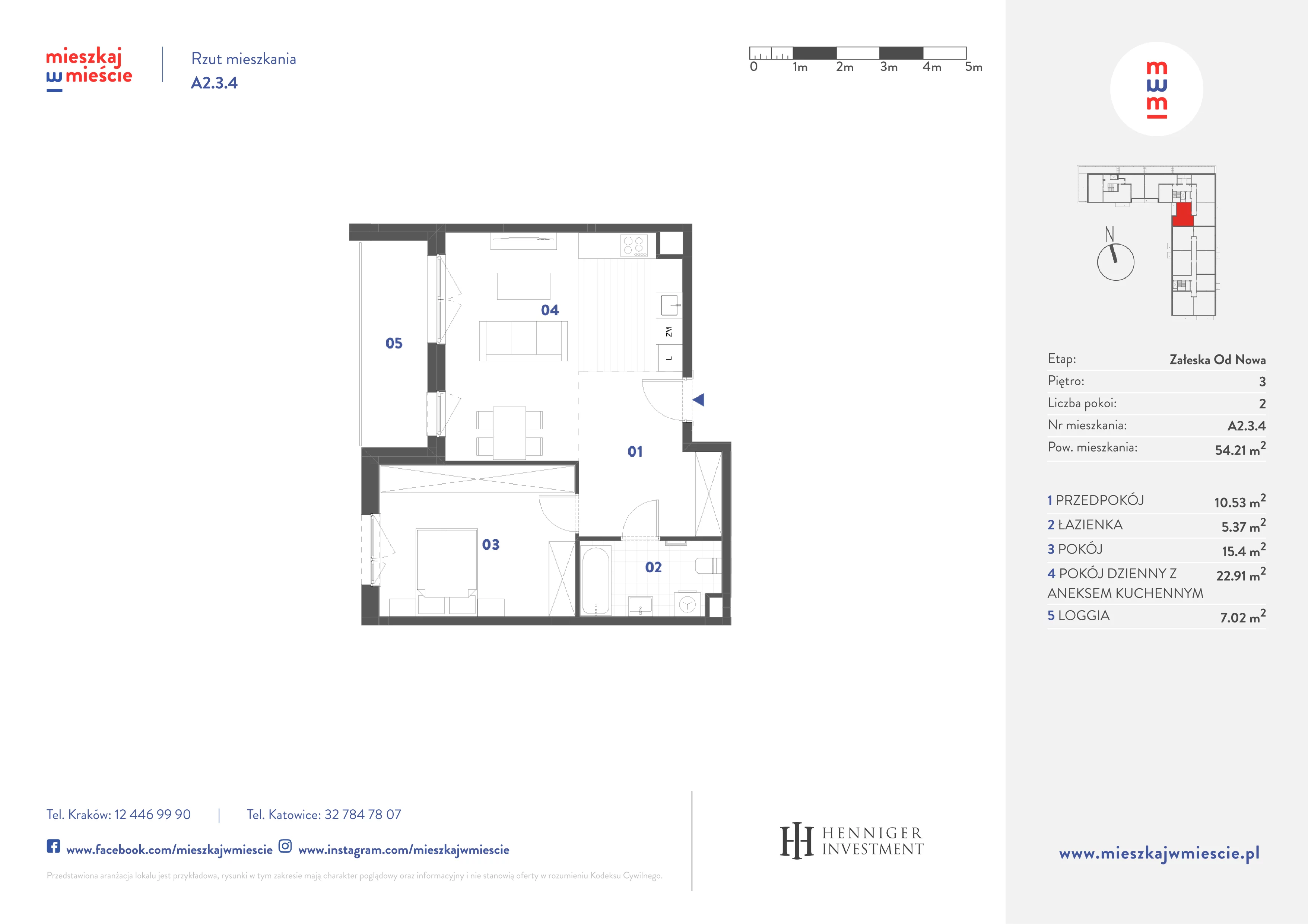 2 pokoje, mieszkanie 54,21 m², piętro 3, oferta nr A2.3.4, Mieszkaj w mieście Załęska od Nowa, Katowice, Załęska Hałda-Brynów, Załęska Hałda, ul. Załęska Hałda