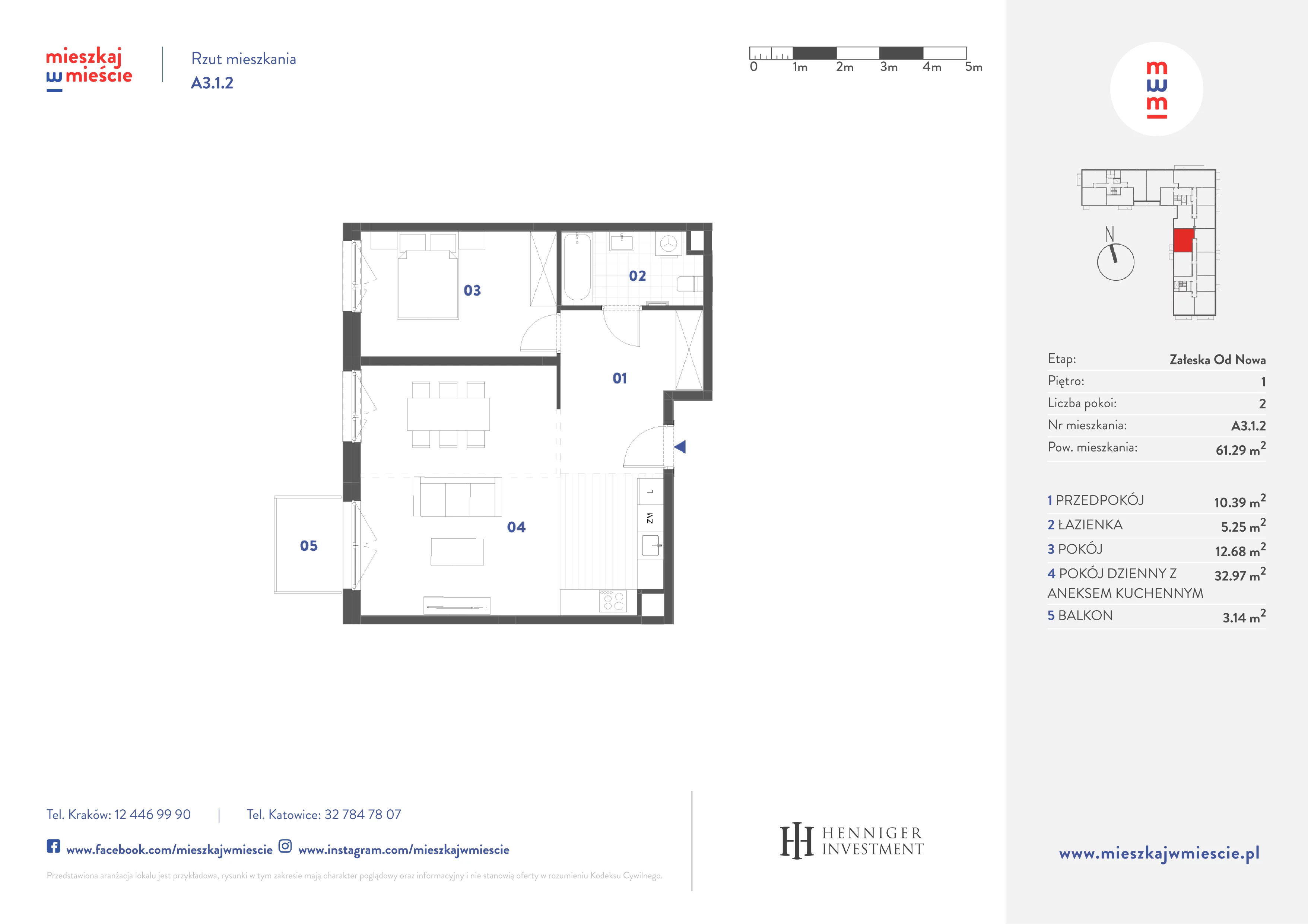 2 pokoje, mieszkanie 61,29 m², piętro 1, oferta nr A3.1.2, Mieszkaj w mieście Załęska od Nowa, Katowice, Załęska Hałda-Brynów, Załęska Hałda, ul. Załęska Hałda