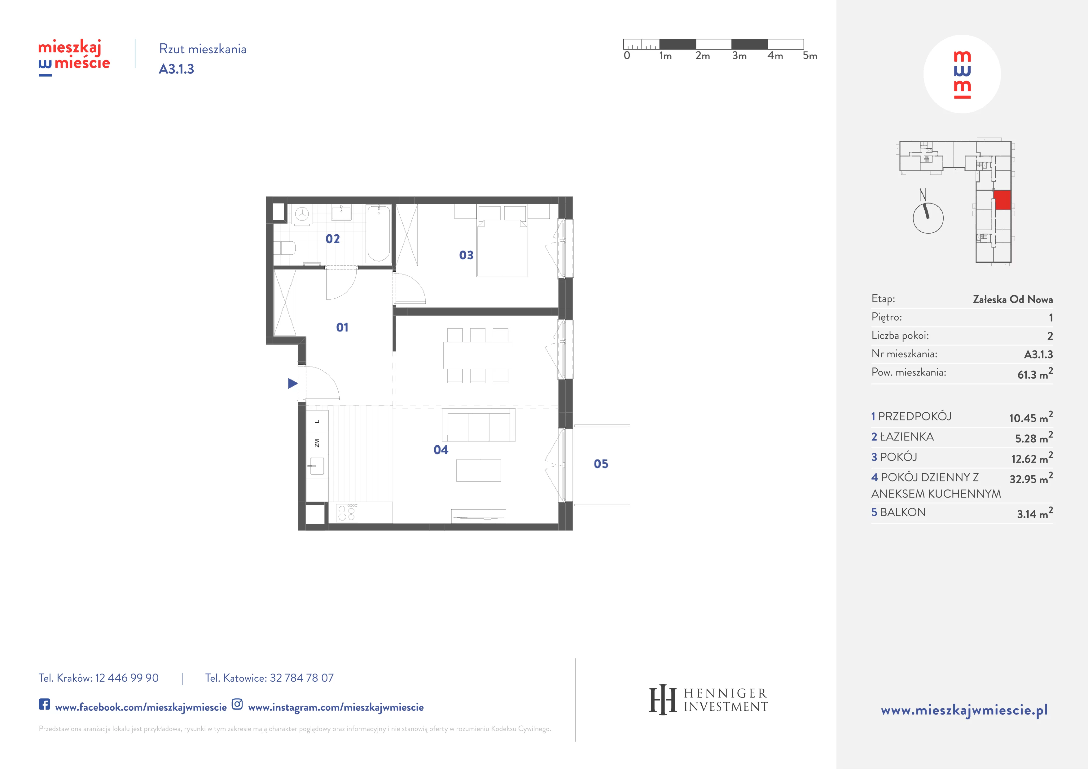 2 pokoje, mieszkanie 61,30 m², piętro 1, oferta nr A3.1.3, Mieszkaj w mieście Załęska od Nowa, Katowice, Załęska Hałda-Brynów, Załęska Hałda, ul. Załęska Hałda