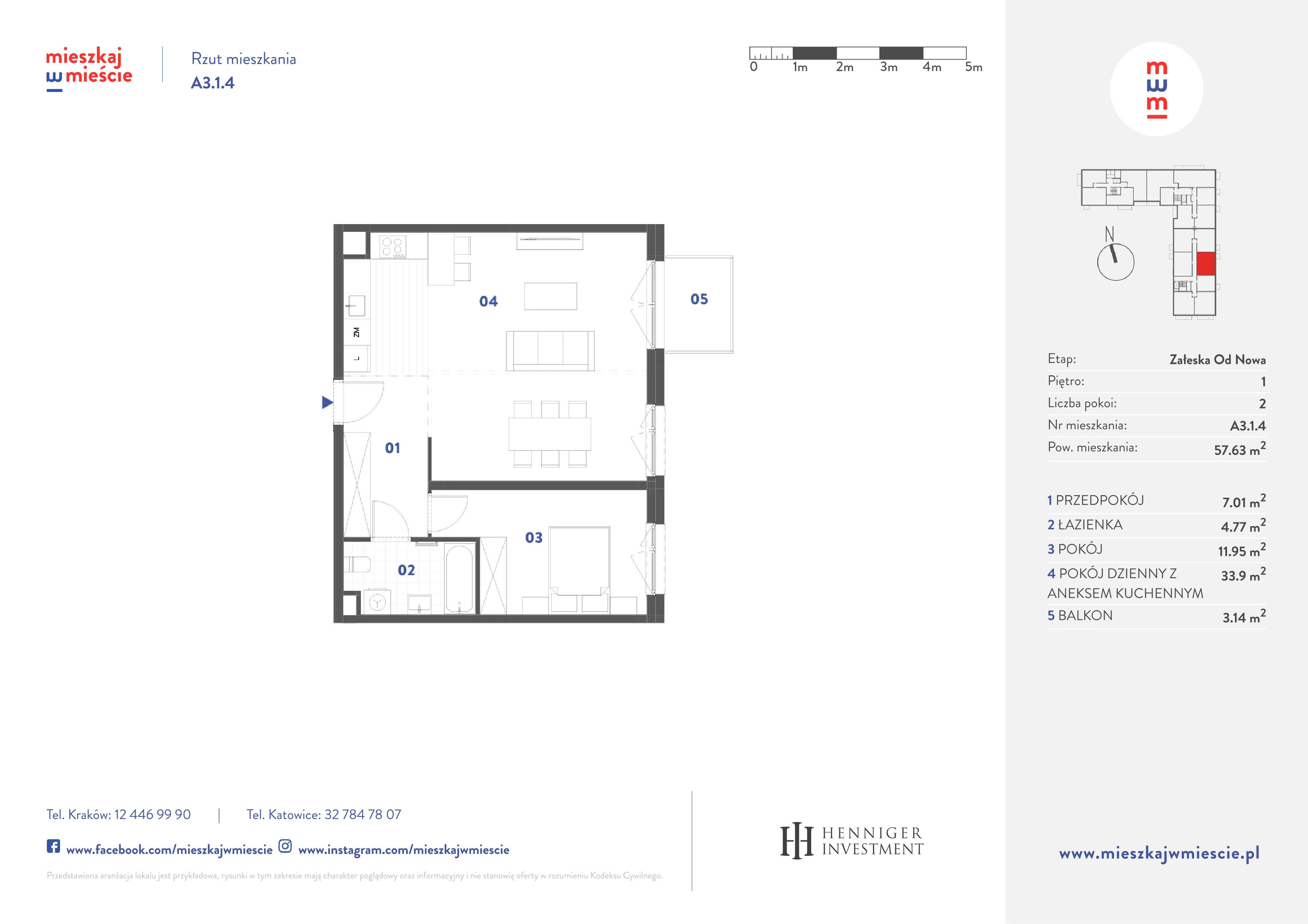 2 pokoje, mieszkanie 57,63 m², piętro 1, oferta nr A3.1.4, Mieszkaj w mieście Załęska od Nowa, Katowice, Załęska Hałda-Brynów, Załęska Hałda, ul. Załęska Hałda
