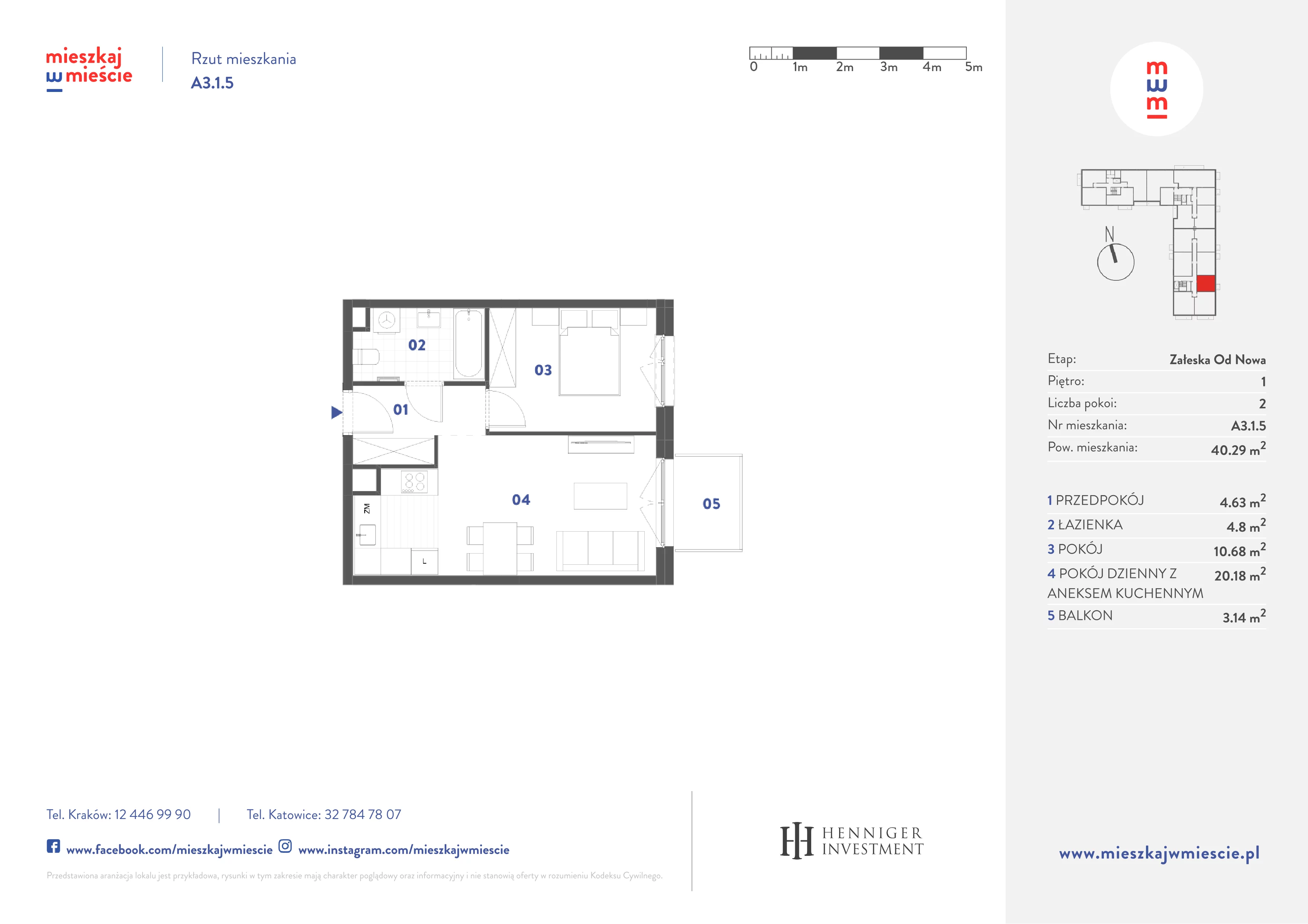 2 pokoje, mieszkanie 40,29 m², piętro 1, oferta nr A3.1.5, Mieszkaj w mieście Załęska od Nowa, Katowice, Załęska Hałda-Brynów, Załęska Hałda, ul. Załęska Hałda