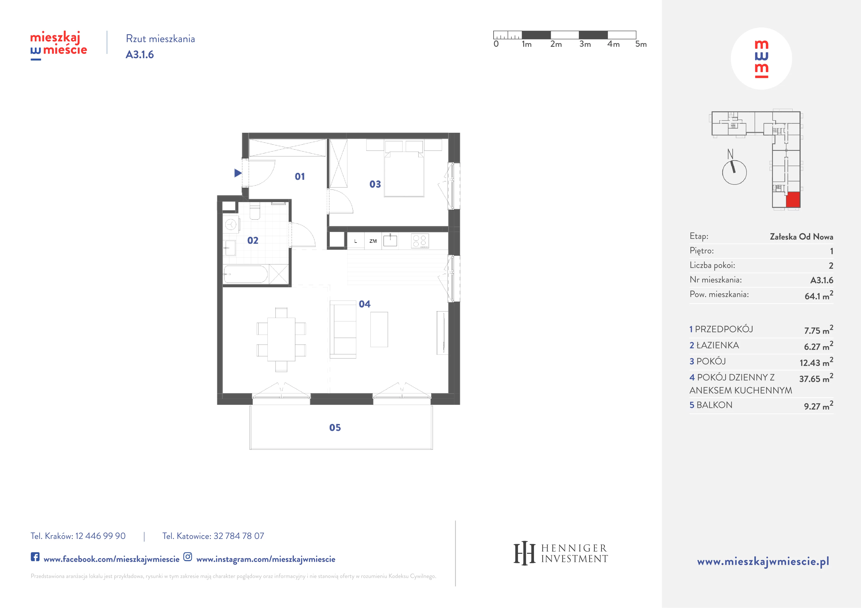 2 pokoje, mieszkanie 64,10 m², piętro 1, oferta nr A3.1.6, Mieszkaj w mieście Załęska od Nowa, Katowice, Załęska Hałda-Brynów, Załęska Hałda, ul. Załęska Hałda