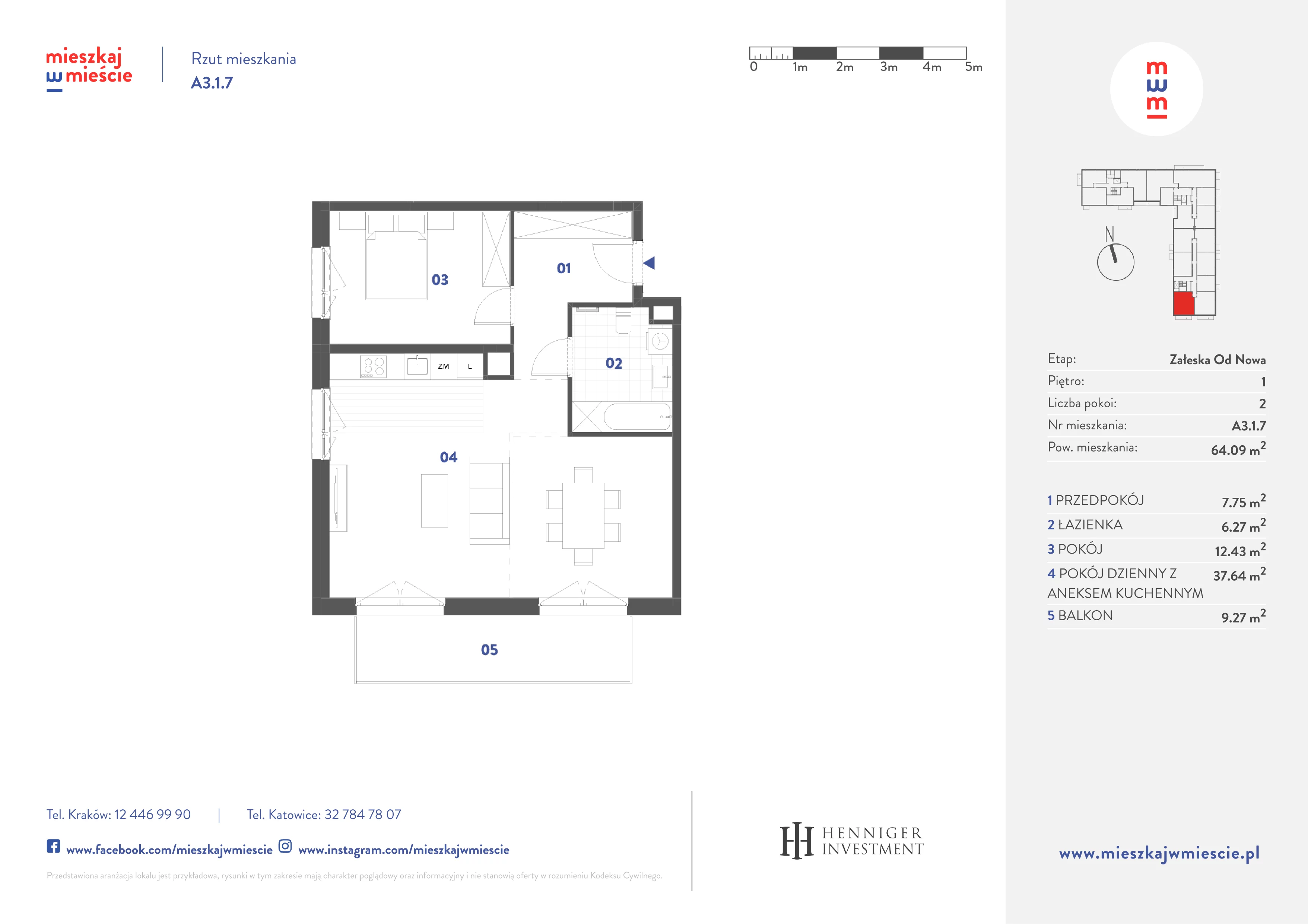 2 pokoje, mieszkanie 64,09 m², piętro 1, oferta nr A3.1.7, Mieszkaj w mieście Załęska od Nowa, Katowice, Załęska Hałda-Brynów, Załęska Hałda, ul. Załęska Hałda