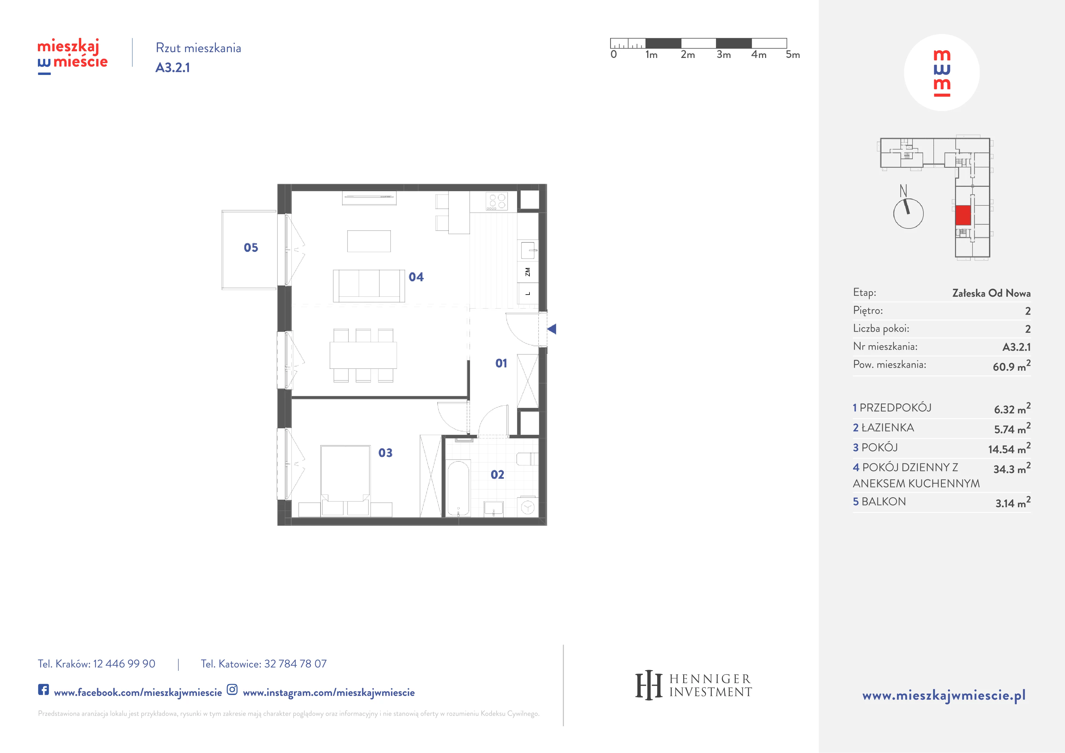 2 pokoje, mieszkanie 60,90 m², piętro 2, oferta nr A3.2.1, Mieszkaj w mieście Załęska od Nowa, Katowice, Załęska Hałda-Brynów, Załęska Hałda, ul. Załęska Hałda
