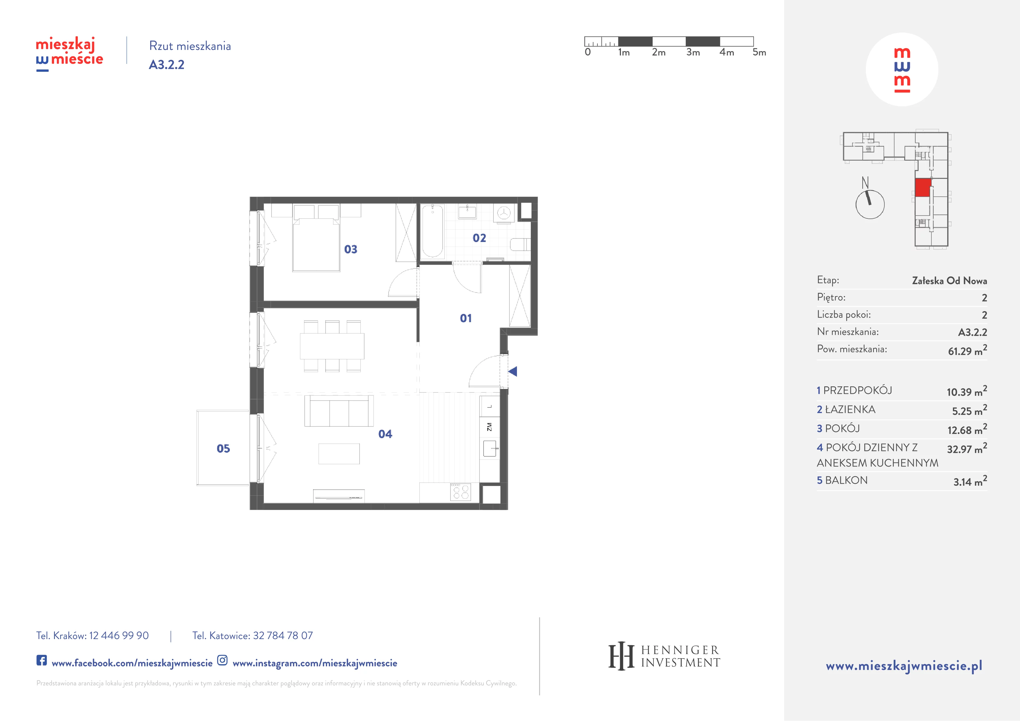 2 pokoje, mieszkanie 61,29 m², piętro 2, oferta nr A3.2.2, Mieszkaj w mieście Załęska od Nowa, Katowice, Załęska Hałda-Brynów, Załęska Hałda, ul. Załęska Hałda