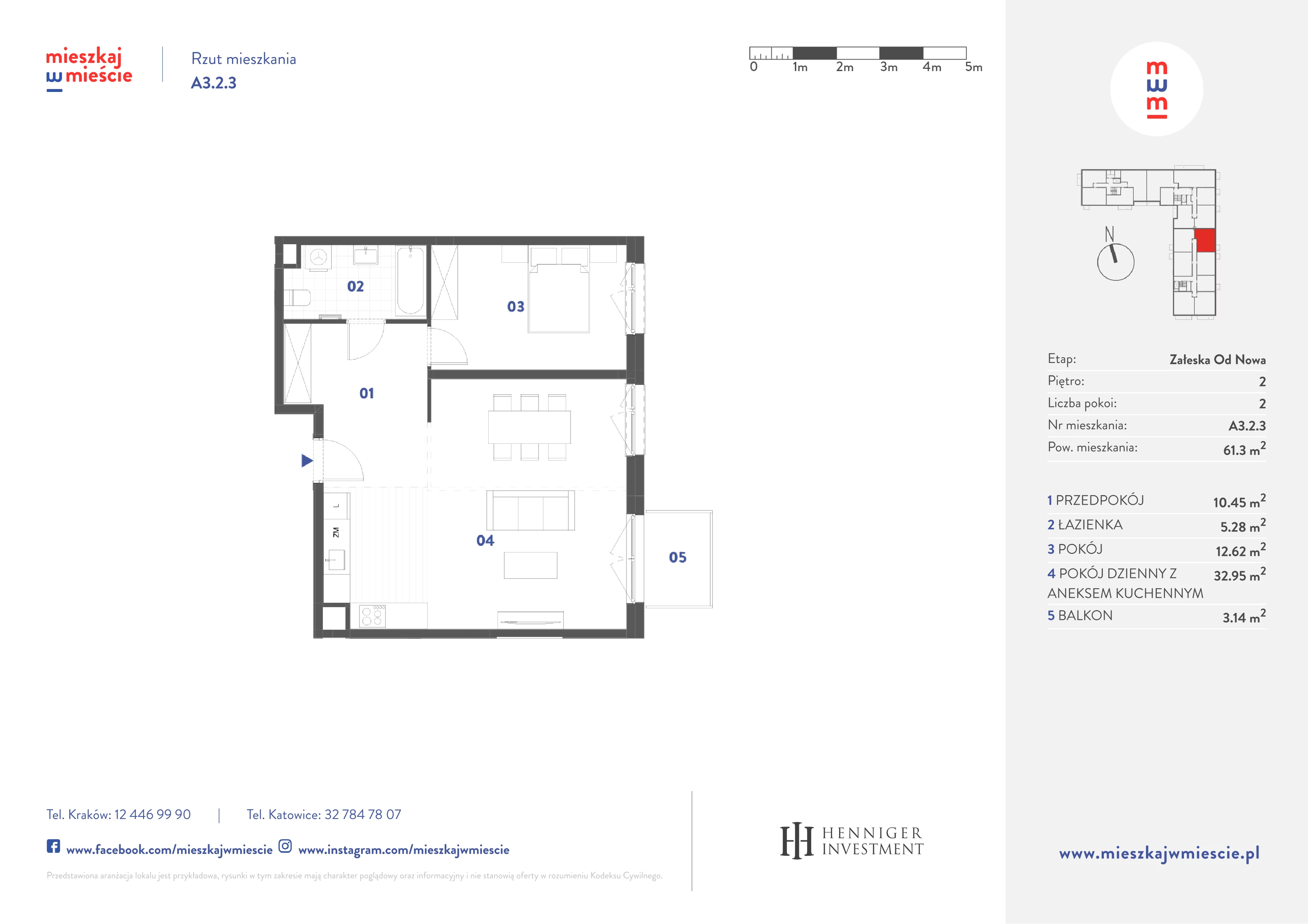 2 pokoje, mieszkanie 61,30 m², piętro 2, oferta nr A3.2.3, Mieszkaj w mieście Załęska od Nowa, Katowice, Załęska Hałda-Brynów, Załęska Hałda, ul. Załęska Hałda
