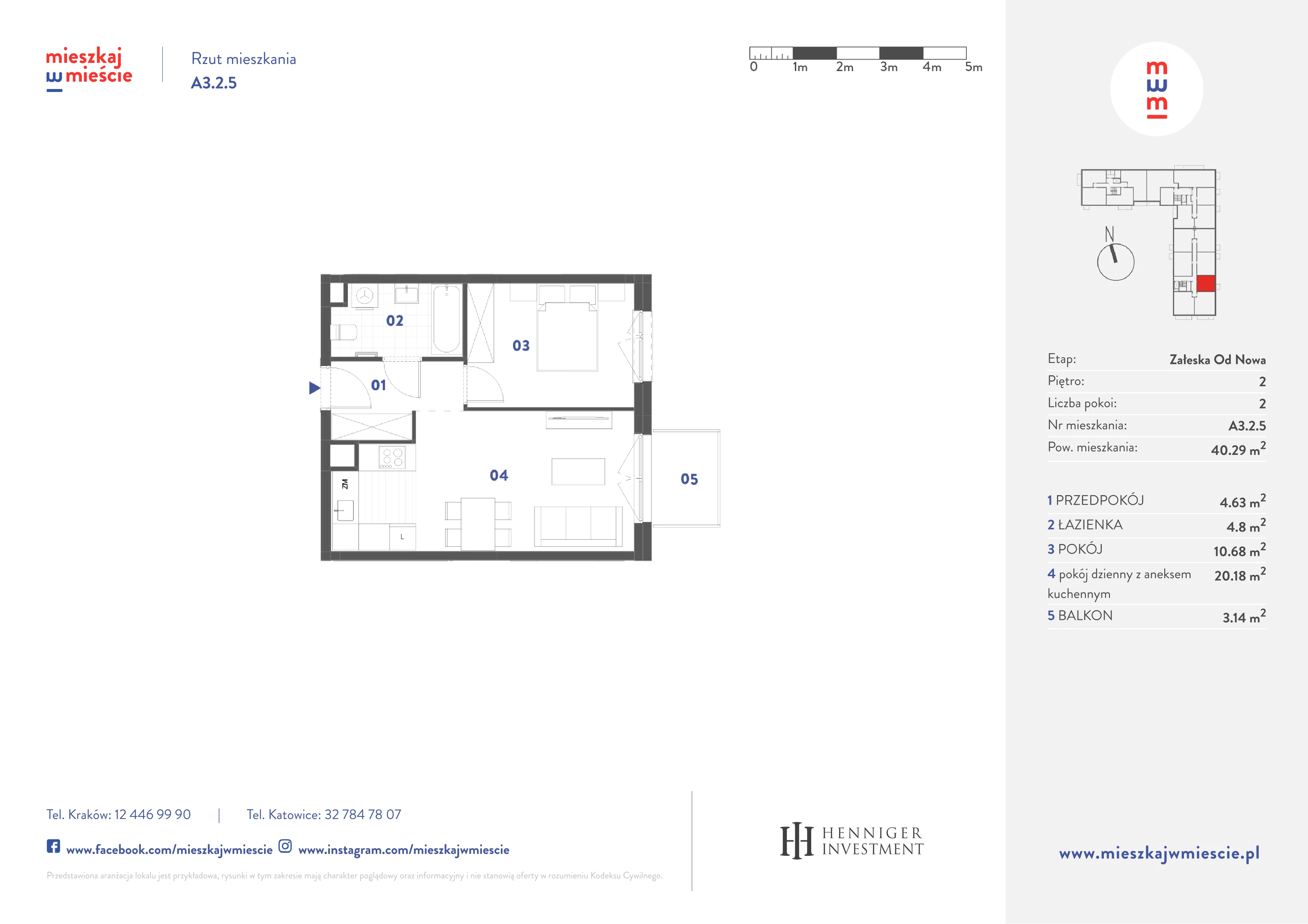 2 pokoje, mieszkanie 40,29 m², piętro 2, oferta nr A3.2.5, Mieszkaj w mieście Załęska od Nowa, Katowice, Załęska Hałda-Brynów, Załęska Hałda, ul. Załęska Hałda