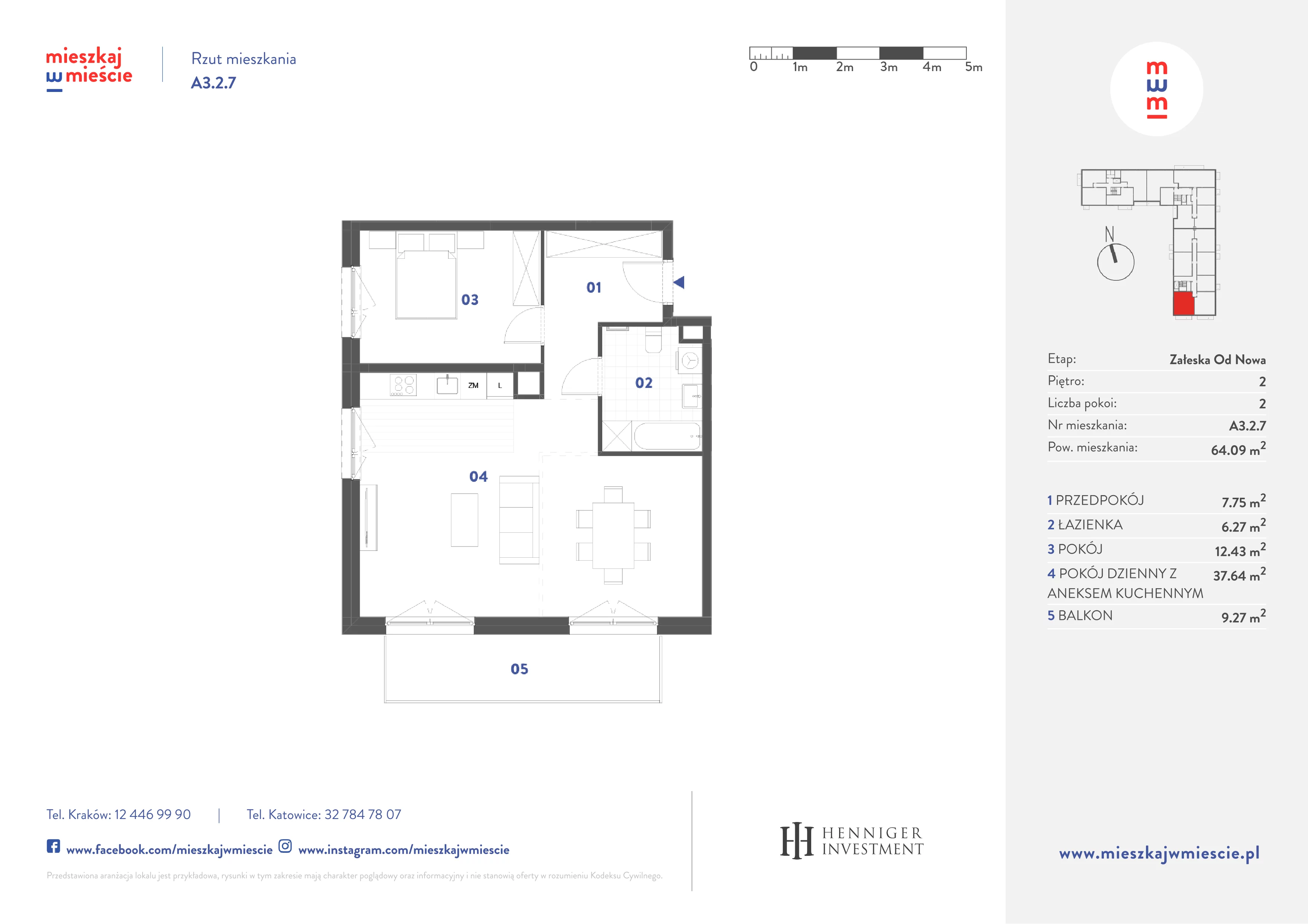 2 pokoje, mieszkanie 64,09 m², piętro 2, oferta nr A3.2.7, Mieszkaj w mieście Załęska od Nowa, Katowice, Załęska Hałda-Brynów, Załęska Hałda, ul. Załęska Hałda