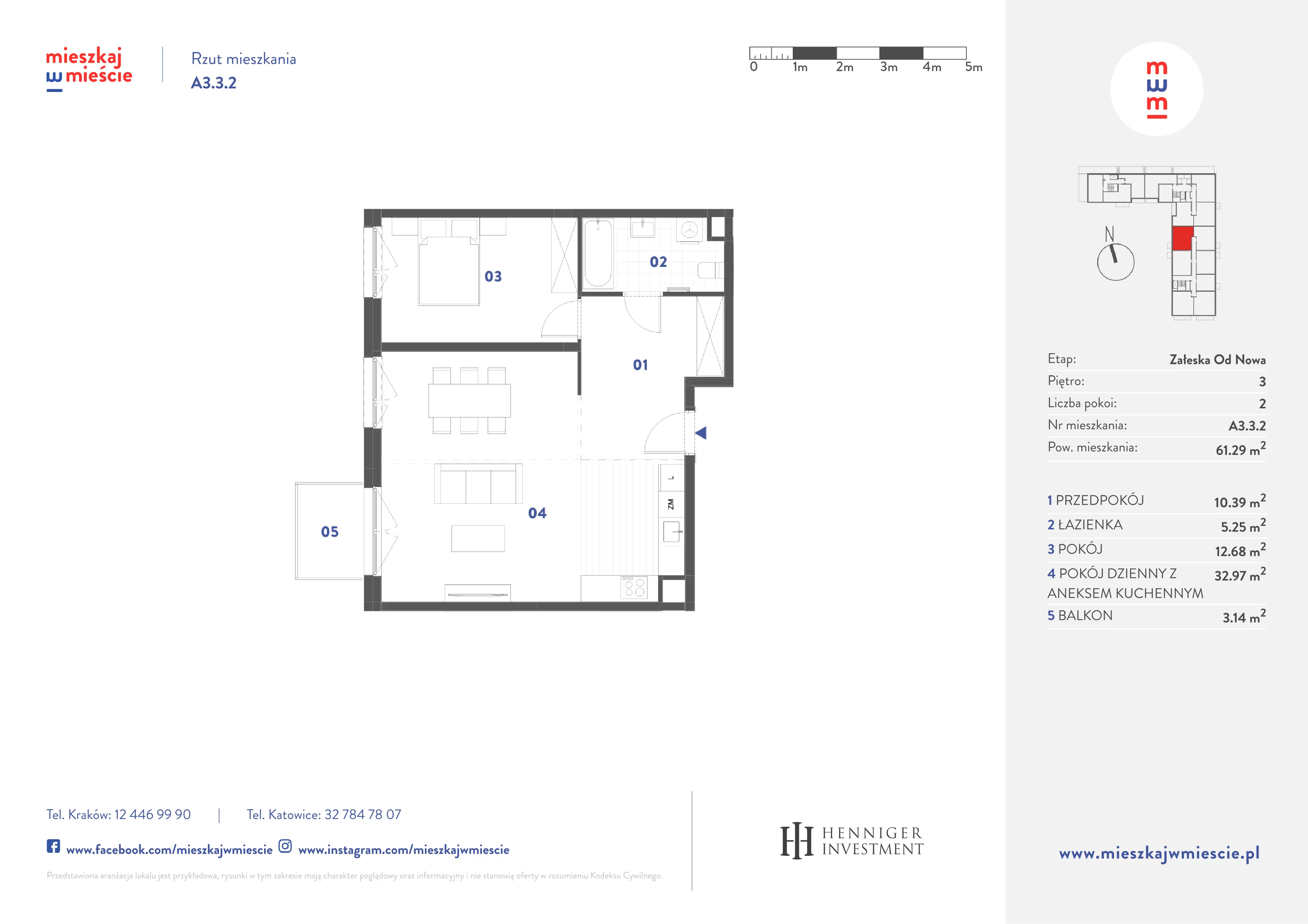 2 pokoje, mieszkanie 61,29 m², piętro 3, oferta nr A3.3.2, Mieszkaj w mieście Załęska od Nowa, Katowice, Załęska Hałda-Brynów, Załęska Hałda, ul. Załęska Hałda