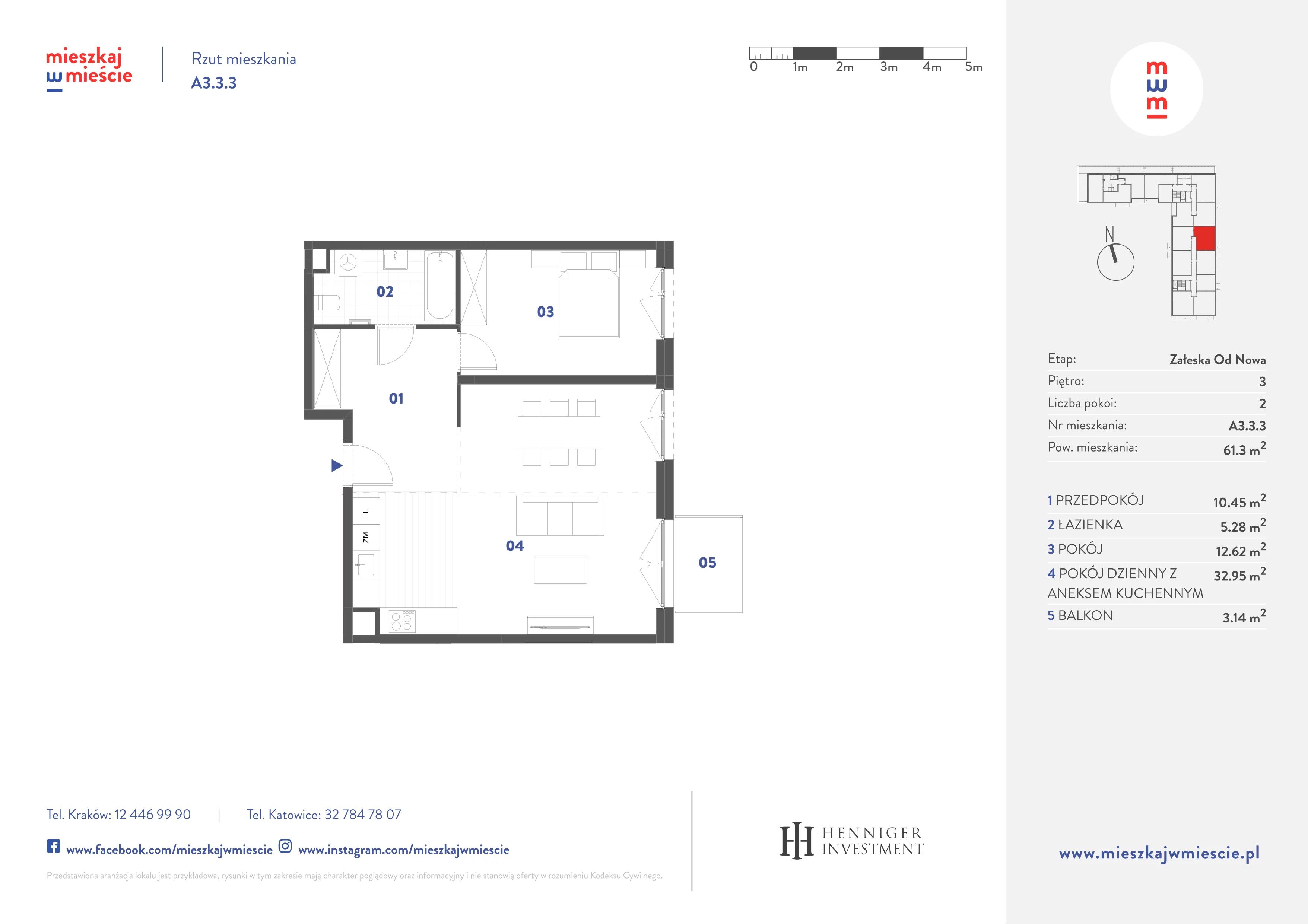 2 pokoje, mieszkanie 61,30 m², piętro 3, oferta nr A3.3.3, Mieszkaj w mieście Załęska od Nowa, Katowice, Załęska Hałda-Brynów, Załęska Hałda, ul. Załęska Hałda