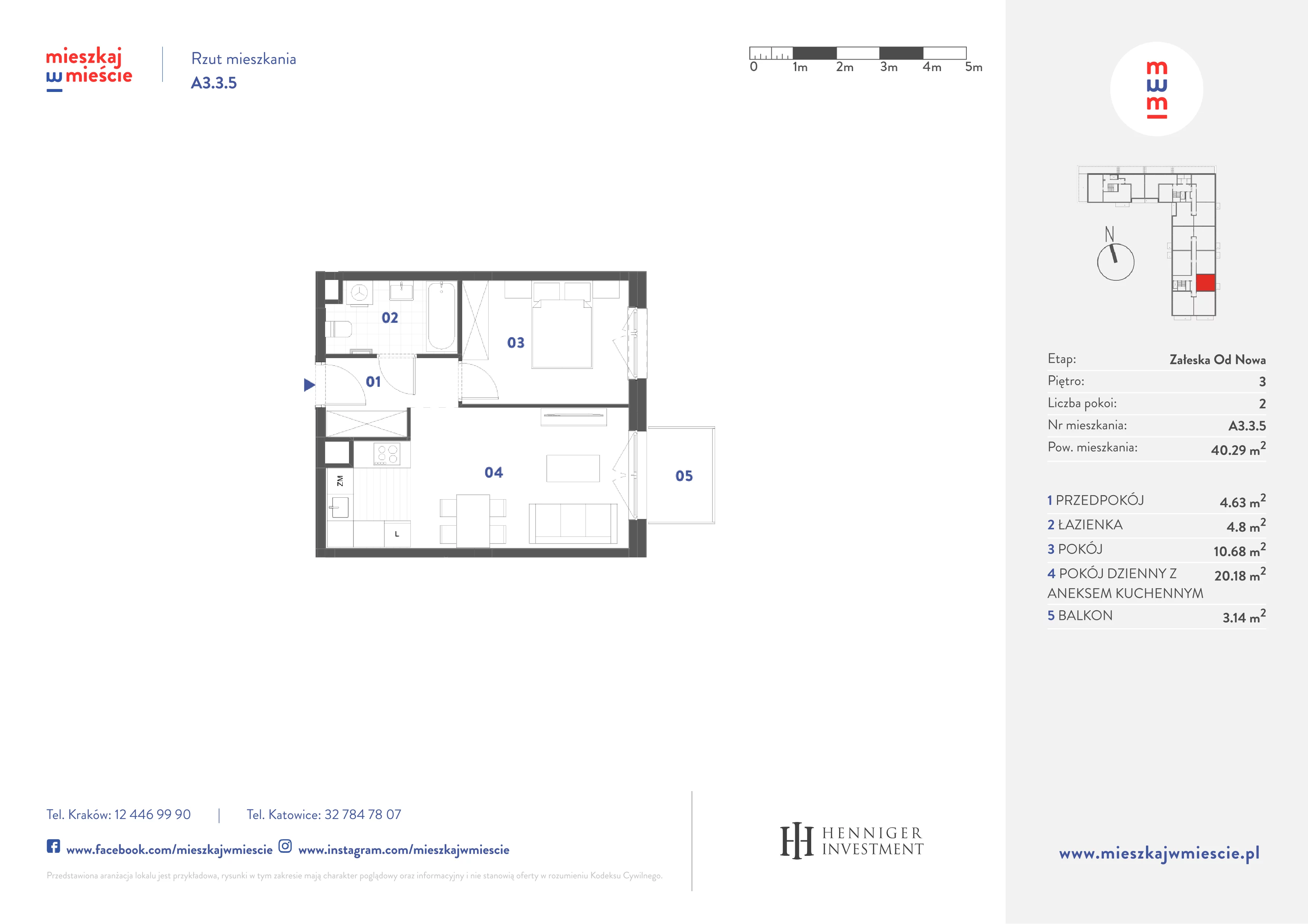 2 pokoje, mieszkanie 40,29 m², piętro 3, oferta nr A3.3.5, Mieszkaj w mieście Załęska od Nowa, Katowice, Załęska Hałda-Brynów, Załęska Hałda, ul. Załęska Hałda