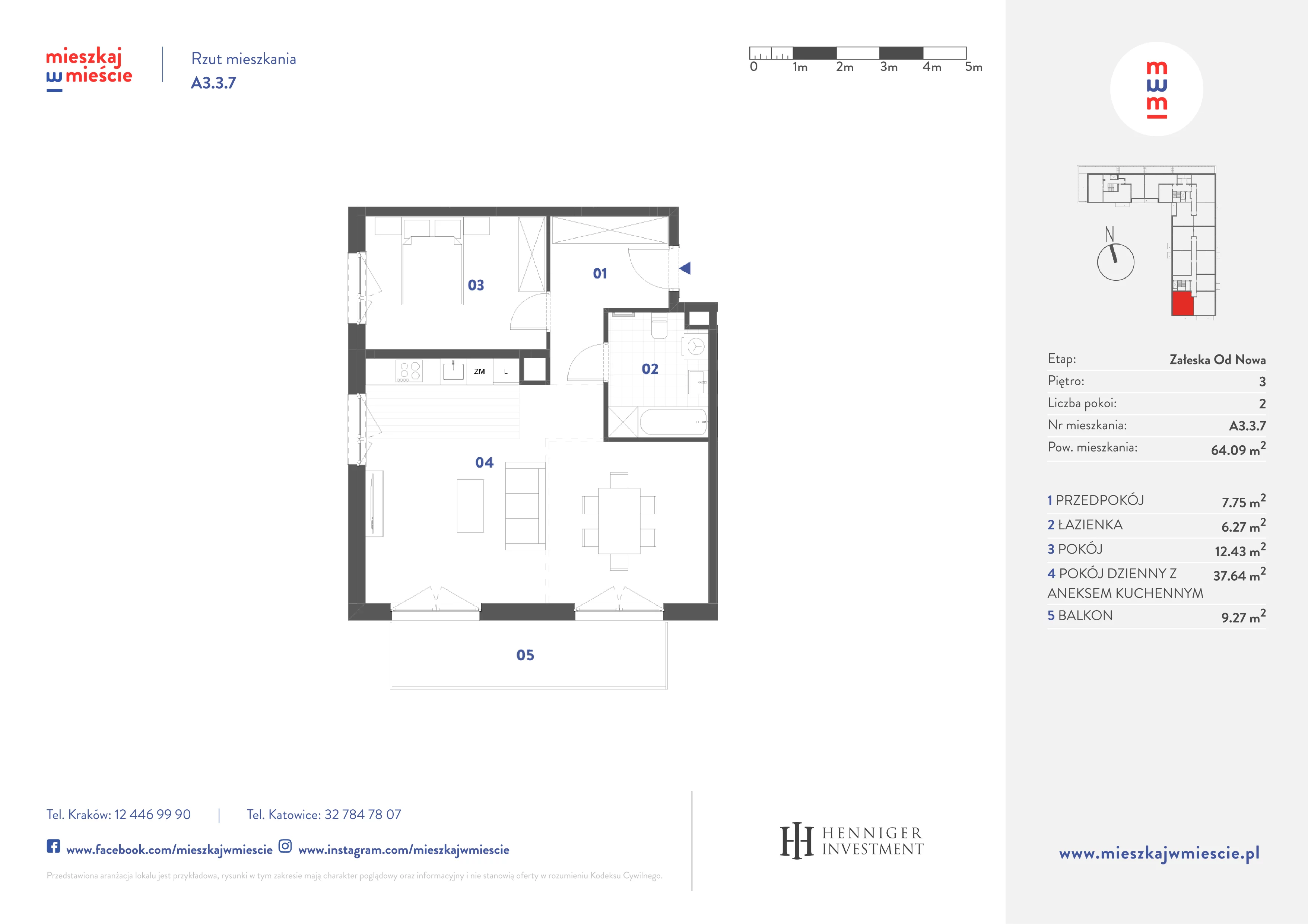 2 pokoje, mieszkanie 64,09 m², piętro 3, oferta nr A3.3.7, Mieszkaj w mieście Załęska od Nowa, Katowice, Załęska Hałda-Brynów, Załęska Hałda, ul. Załęska Hałda