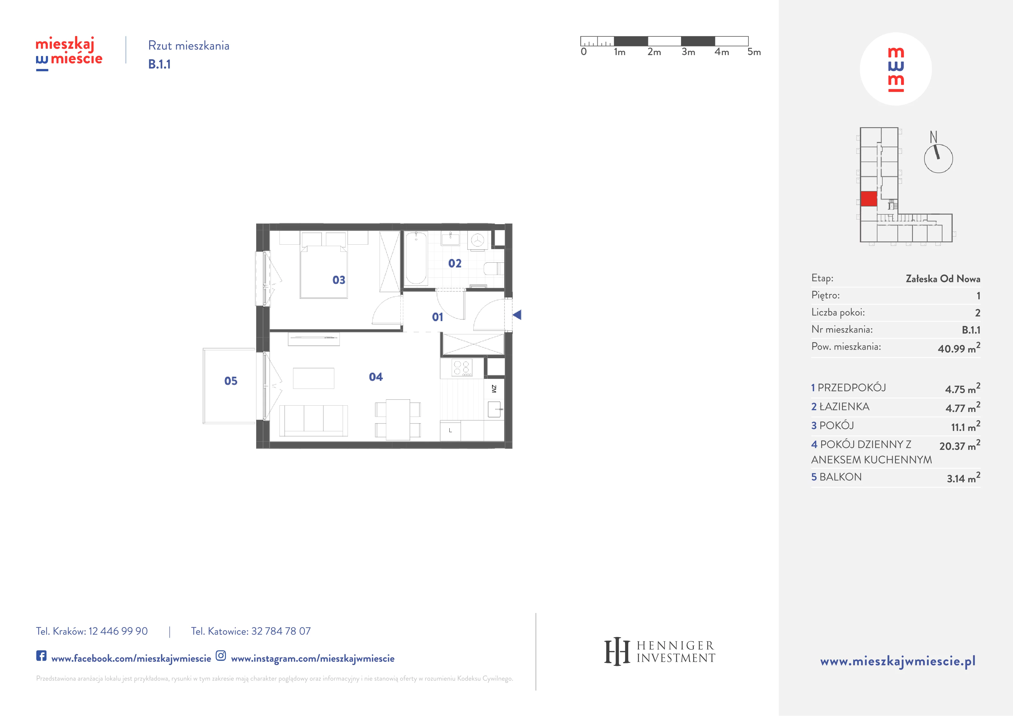 2 pokoje, mieszkanie 40,99 m², piętro 1, oferta nr B.1.1, Mieszkaj w mieście Załęska od Nowa, Katowice, Załęska Hałda-Brynów, Załęska Hałda, ul. Załęska Hałda