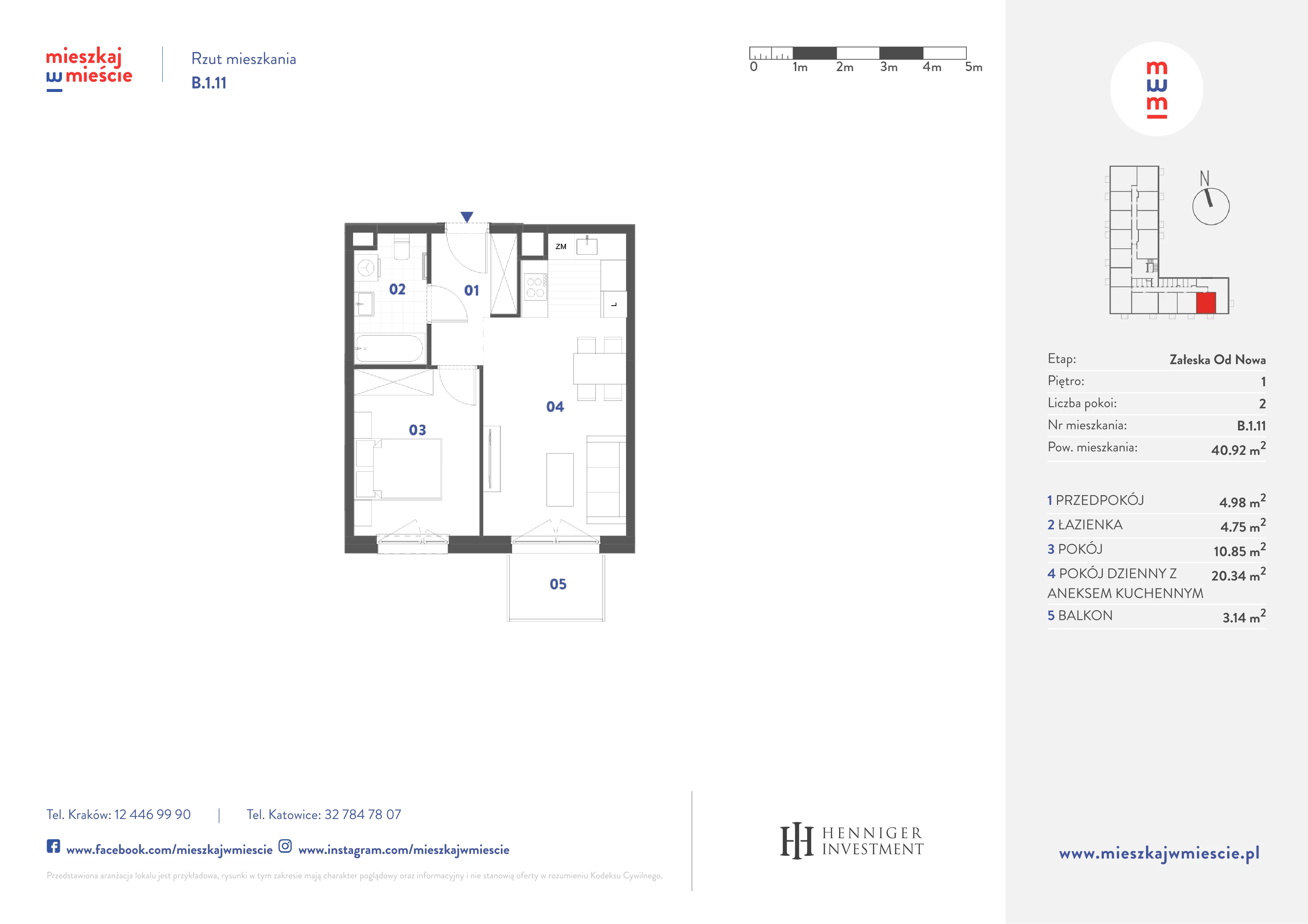 2 pokoje, mieszkanie 40,92 m², piętro 1, oferta nr B.1.11, Mieszkaj w mieście Załęska od Nowa, Katowice, Załęska Hałda-Brynów, Załęska Hałda, ul. Załęska Hałda