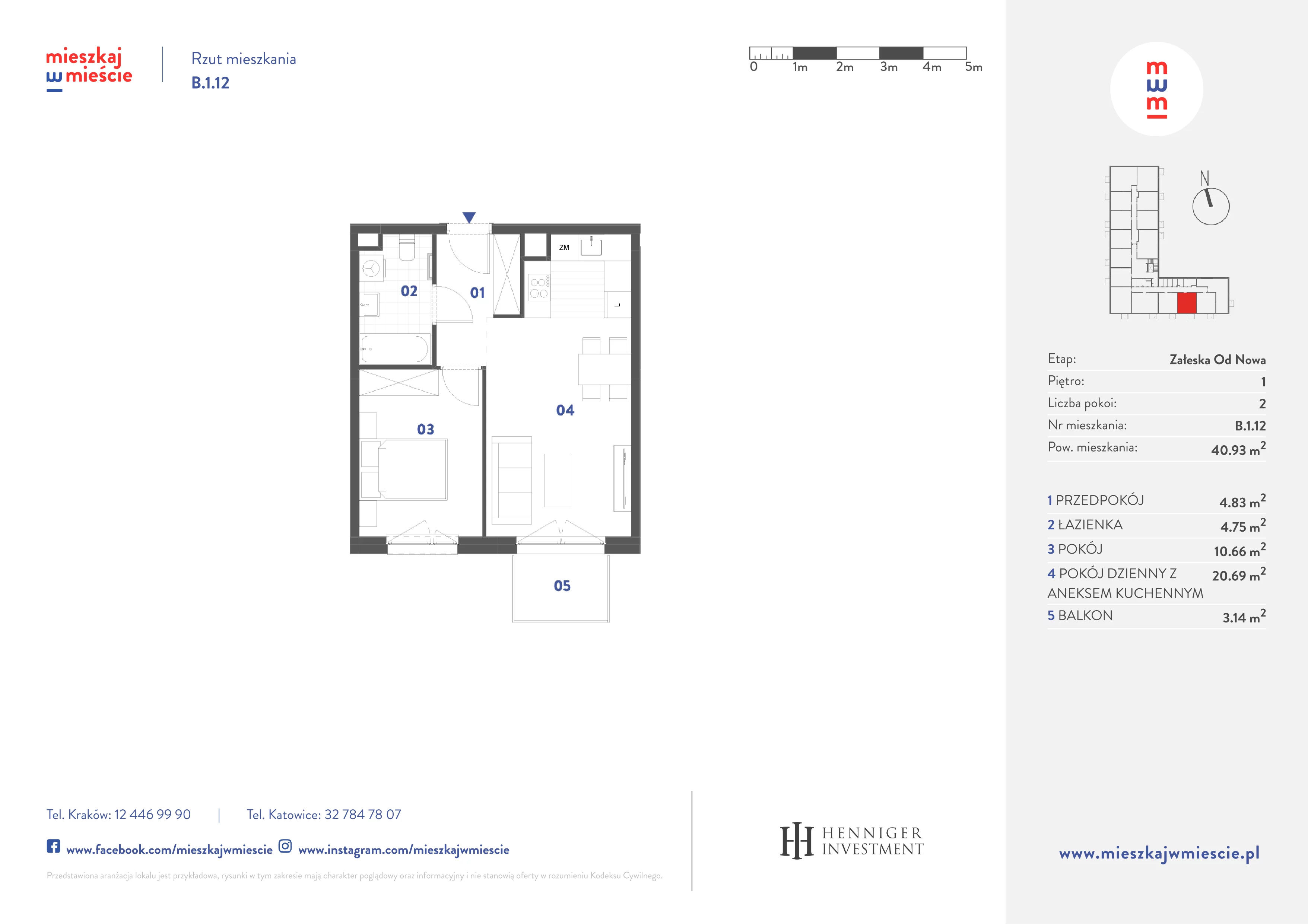 2 pokoje, mieszkanie 40,93 m², piętro 1, oferta nr B.1.12, Mieszkaj w mieście Załęska od Nowa, Katowice, Załęska Hałda-Brynów, Załęska Hałda, ul. Załęska Hałda