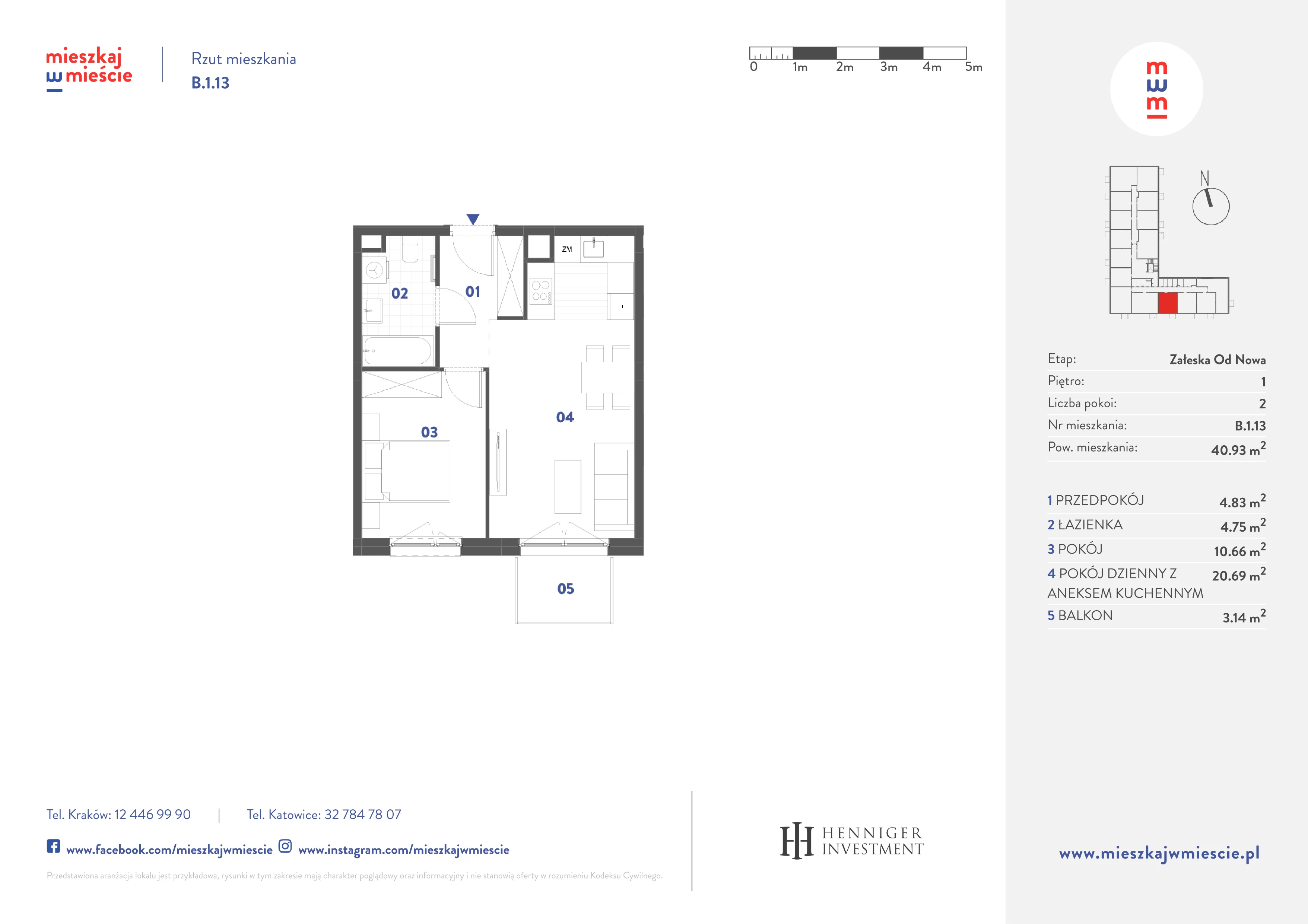 2 pokoje, mieszkanie 40,93 m², piętro 1, oferta nr B.1.13, Mieszkaj w mieście Załęska od Nowa, Katowice, Załęska Hałda-Brynów, Załęska Hałda, ul. Załęska Hałda
