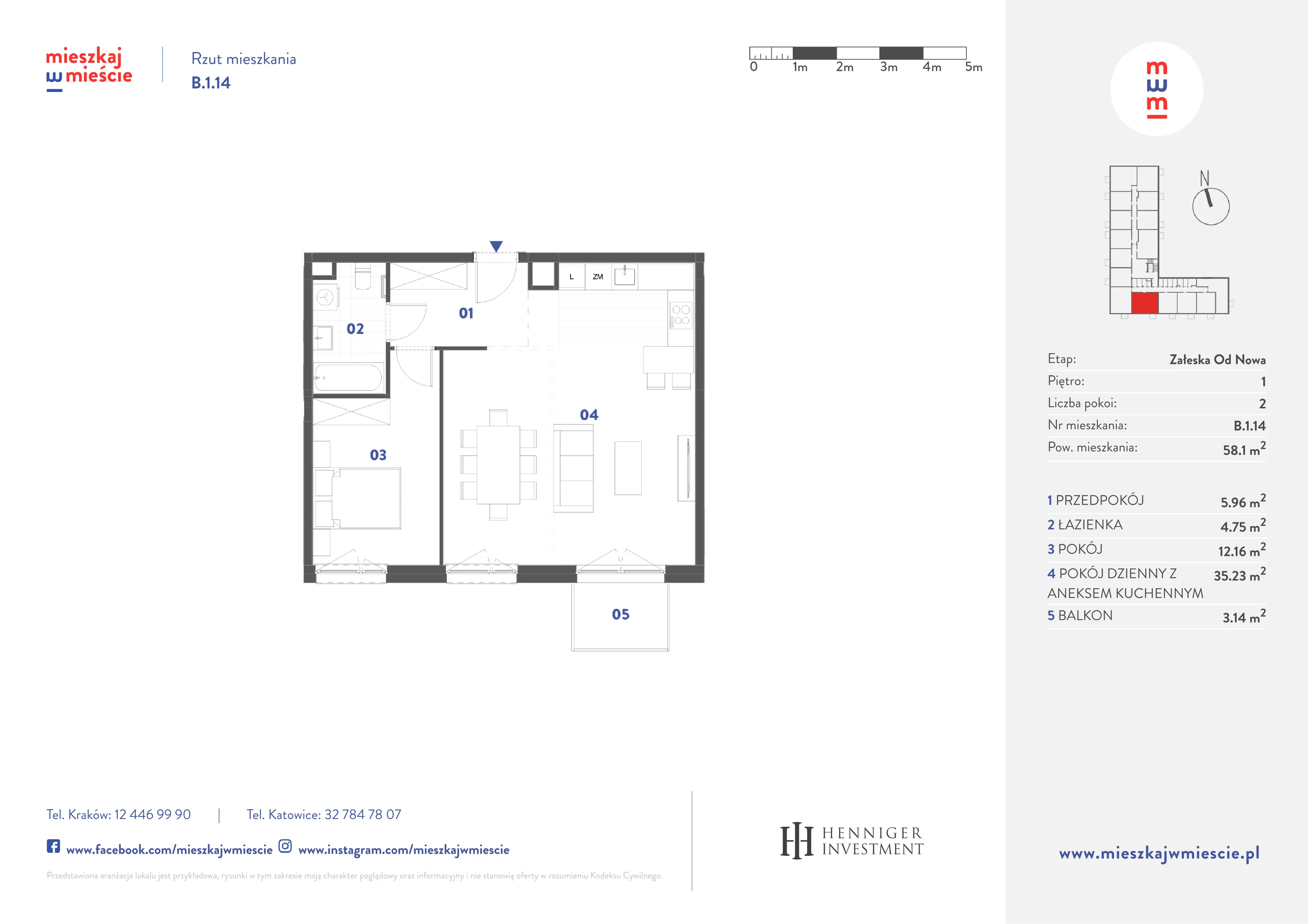 2 pokoje, mieszkanie 58,10 m², piętro 1, oferta nr B.1.14, Mieszkaj w mieście Załęska od Nowa, Katowice, Załęska Hałda-Brynów, Załęska Hałda, ul. Załęska Hałda