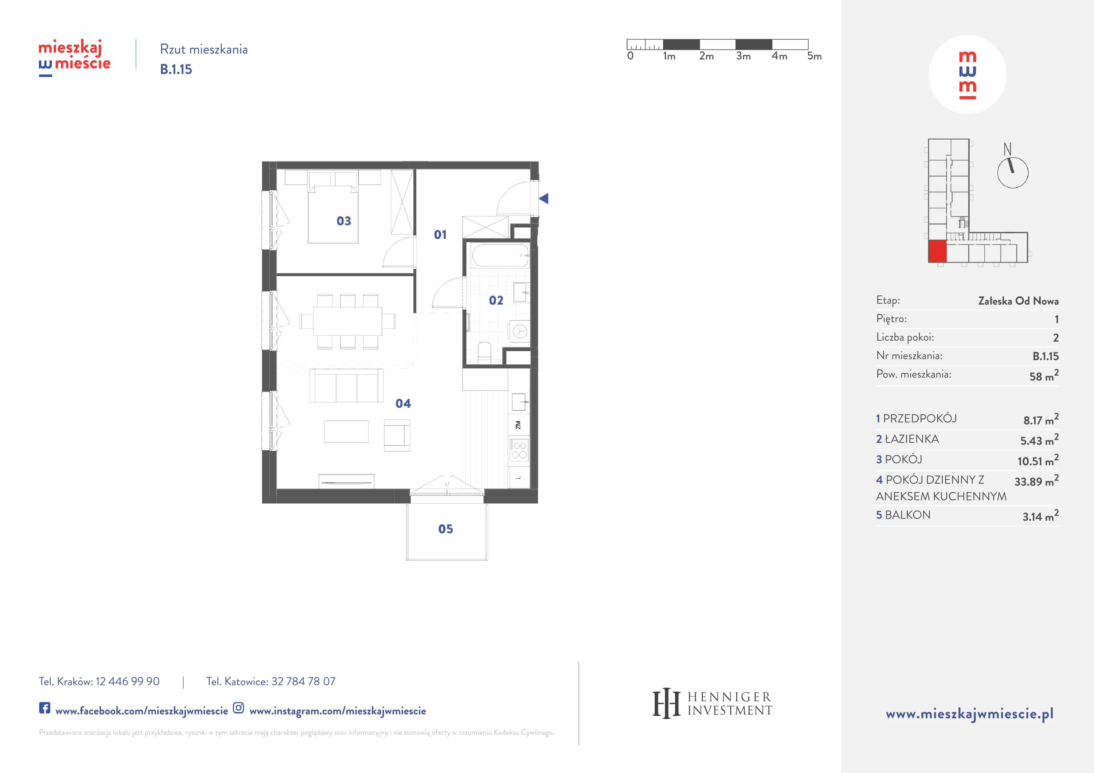 2 pokoje, mieszkanie 58,00 m², piętro 1, oferta nr B.1.15, Mieszkaj w mieście Załęska od Nowa, Katowice, Załęska Hałda-Brynów, Załęska Hałda, ul. Załęska Hałda