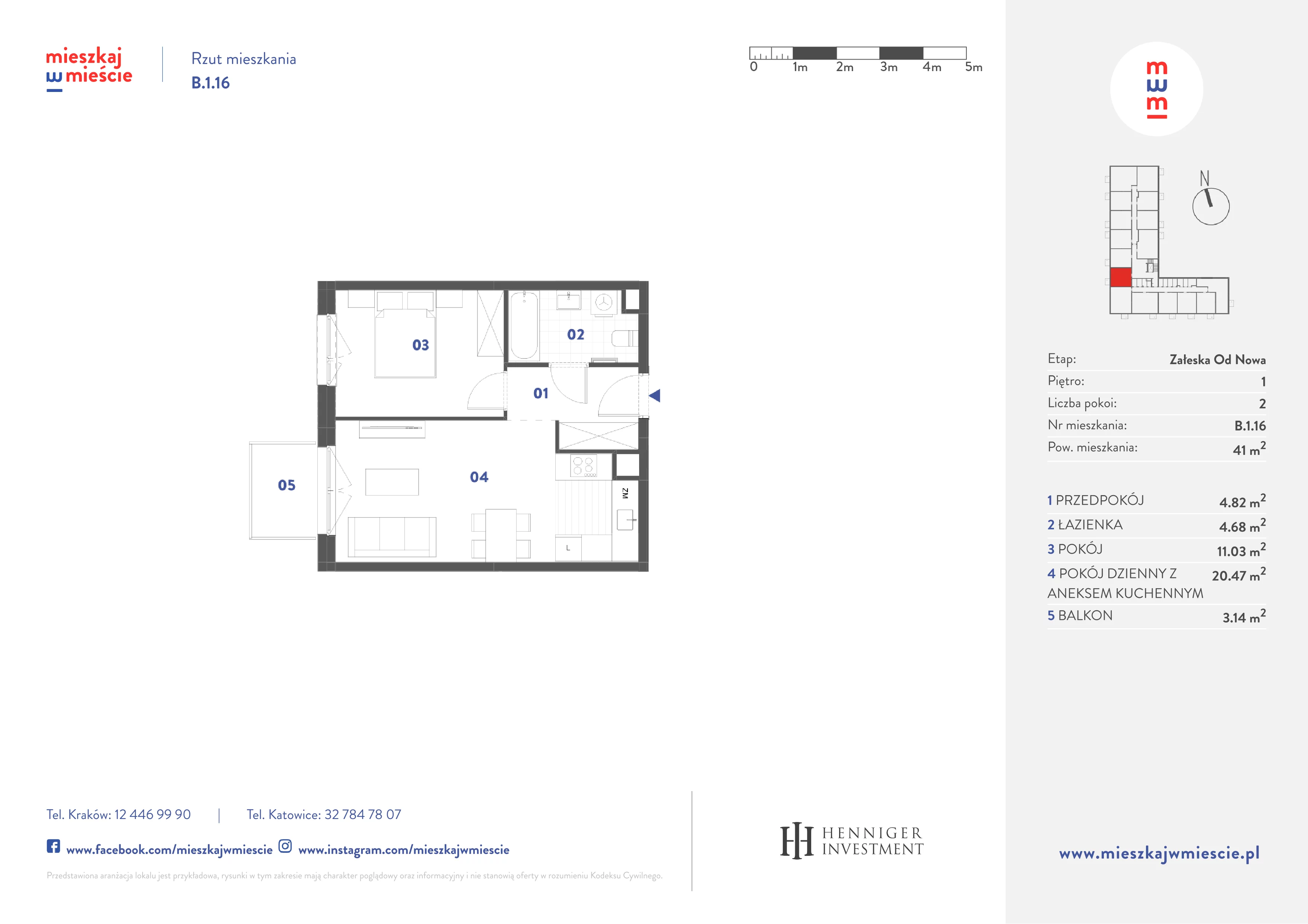 2 pokoje, mieszkanie 41,00 m², piętro 1, oferta nr B.1.16, Mieszkaj w mieście Załęska od Nowa, Katowice, Załęska Hałda-Brynów, Załęska Hałda, ul. Załęska Hałda