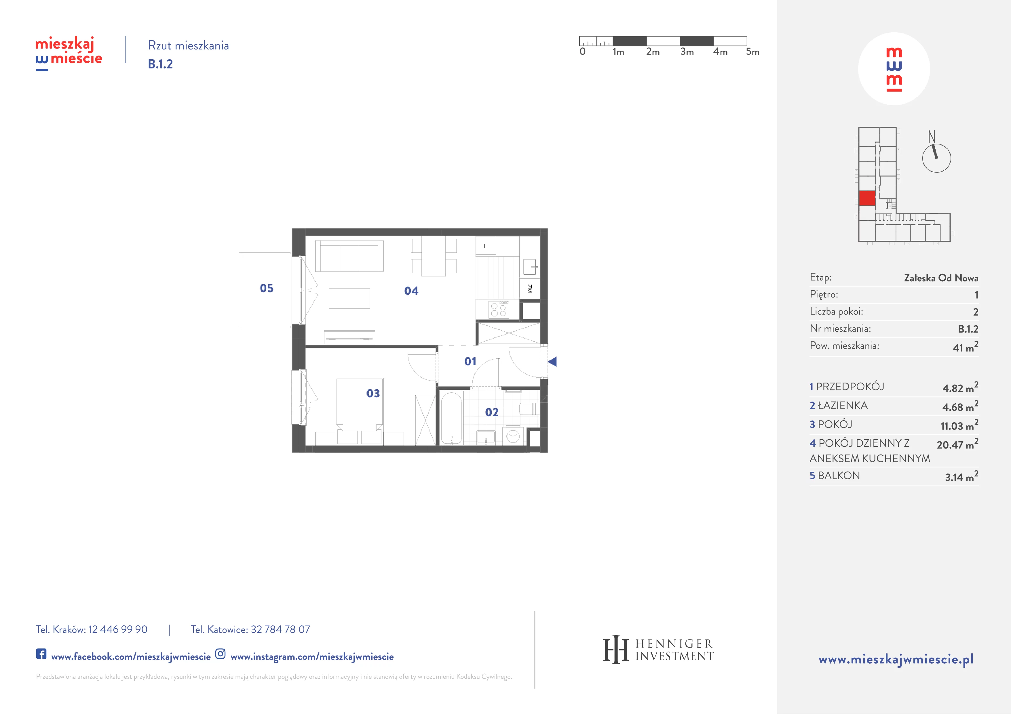 2 pokoje, mieszkanie 41,00 m², piętro 1, oferta nr B.1.2, Mieszkaj w mieście Załęska od Nowa, Katowice, Załęska Hałda-Brynów, Załęska Hałda, ul. Załęska Hałda