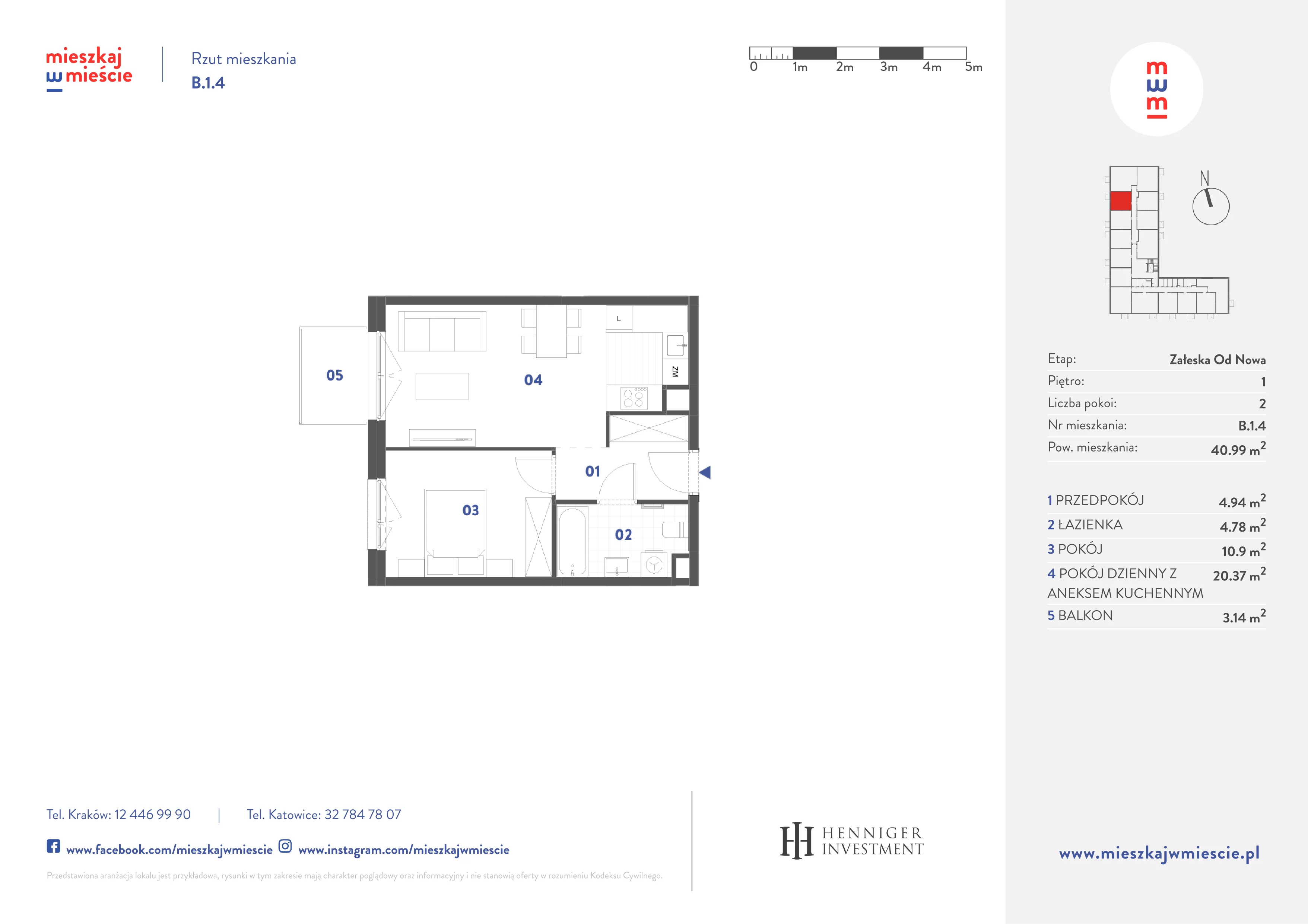 2 pokoje, mieszkanie 40,99 m², piętro 1, oferta nr B.1.4, Mieszkaj w mieście Załęska od Nowa, Katowice, Załęska Hałda-Brynów, Załęska Hałda, ul. Załęska Hałda