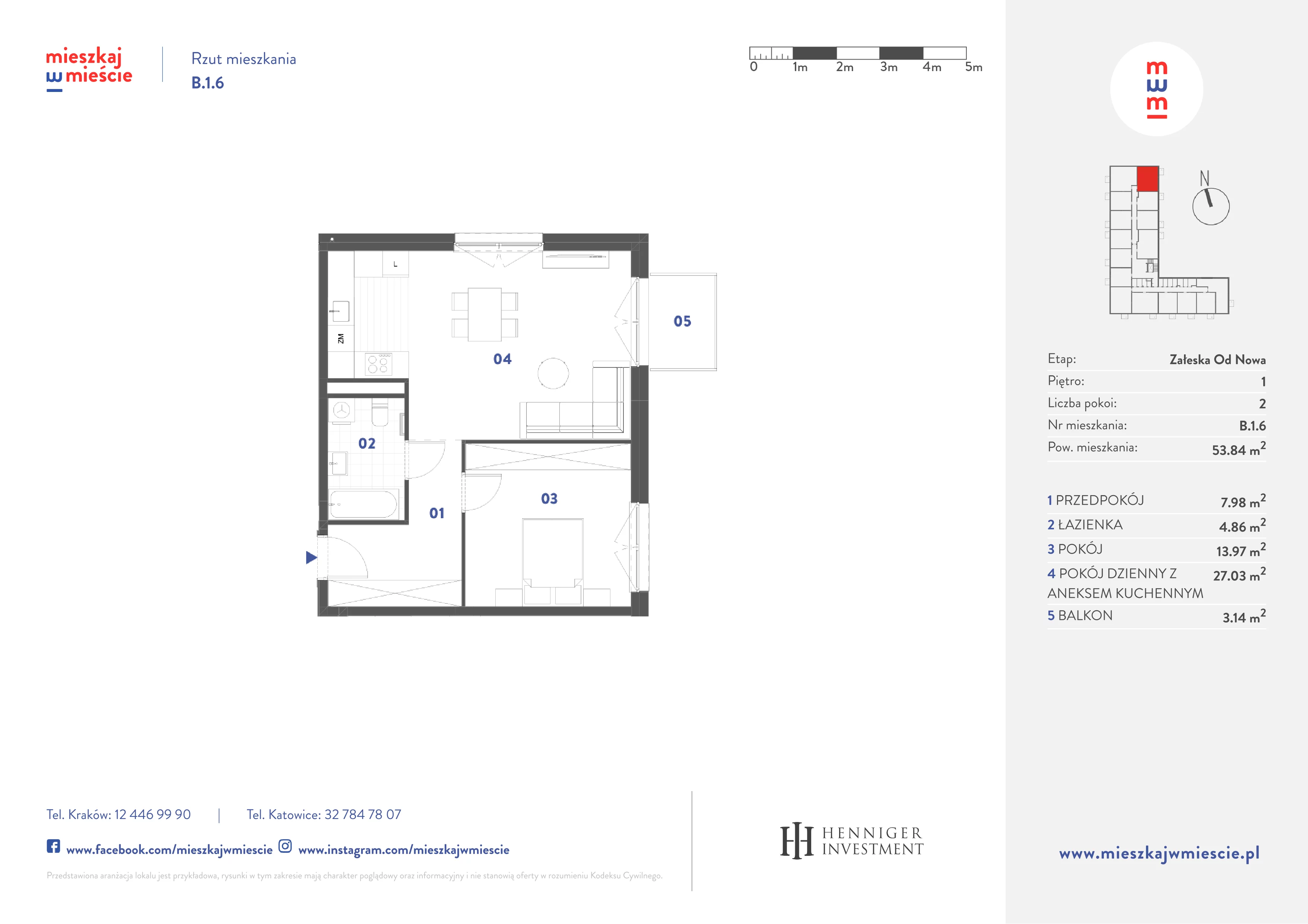 2 pokoje, mieszkanie 53,84 m², piętro 1, oferta nr B.1.6, Mieszkaj w mieście Załęska od Nowa, Katowice, Załęska Hałda-Brynów, Załęska Hałda, ul. Załęska Hałda