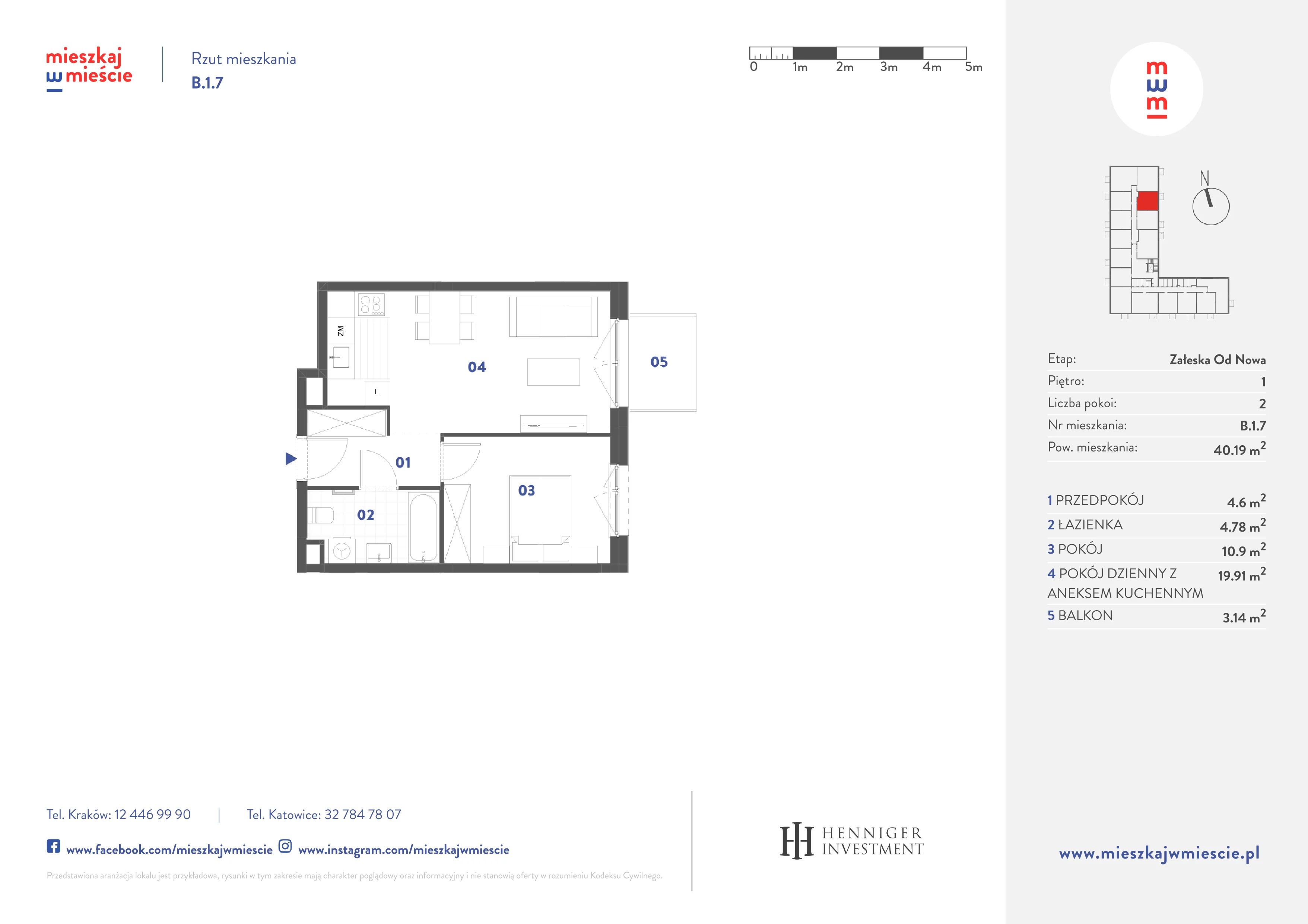 2 pokoje, mieszkanie 40,19 m², piętro 1, oferta nr B.1.7, Mieszkaj w mieście Załęska od Nowa, Katowice, Załęska Hałda-Brynów, Załęska Hałda, ul. Załęska Hałda