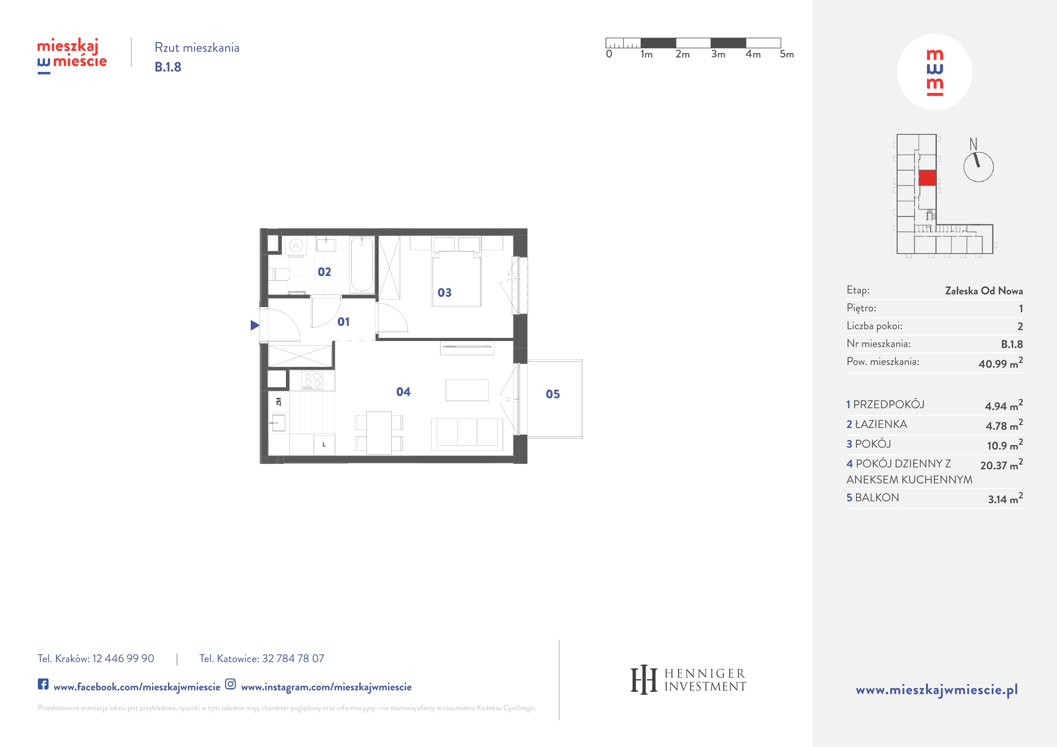 2 pokoje, mieszkanie 40,99 m², piętro 1, oferta nr B.1.8, Mieszkaj w mieście Załęska od Nowa, Katowice, Załęska Hałda-Brynów, Załęska Hałda, ul. Załęska Hałda