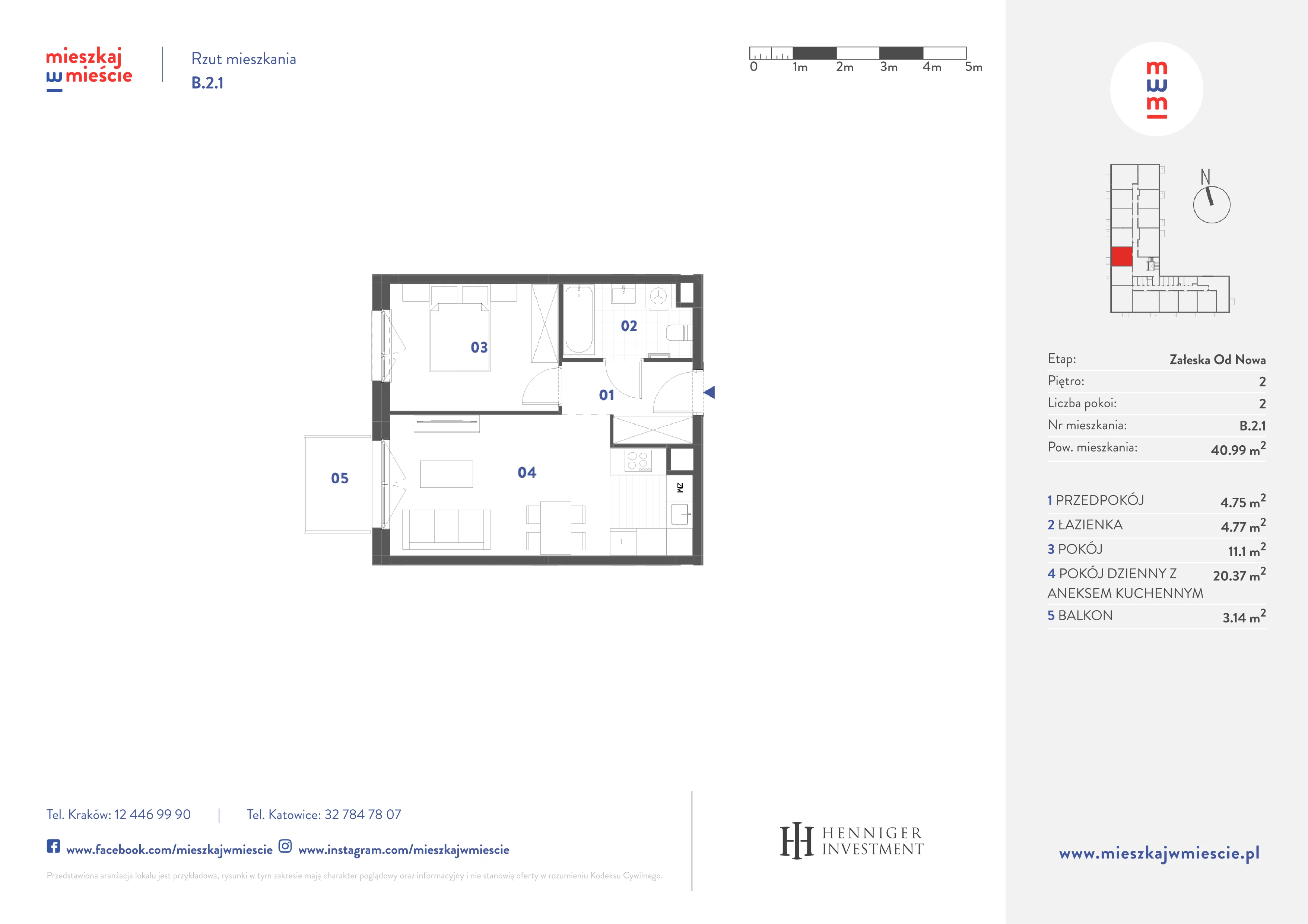 2 pokoje, mieszkanie 40,99 m², piętro 2, oferta nr B.2.1, Mieszkaj w mieście Załęska od Nowa, Katowice, Załęska Hałda-Brynów, Załęska Hałda, ul. Załęska Hałda