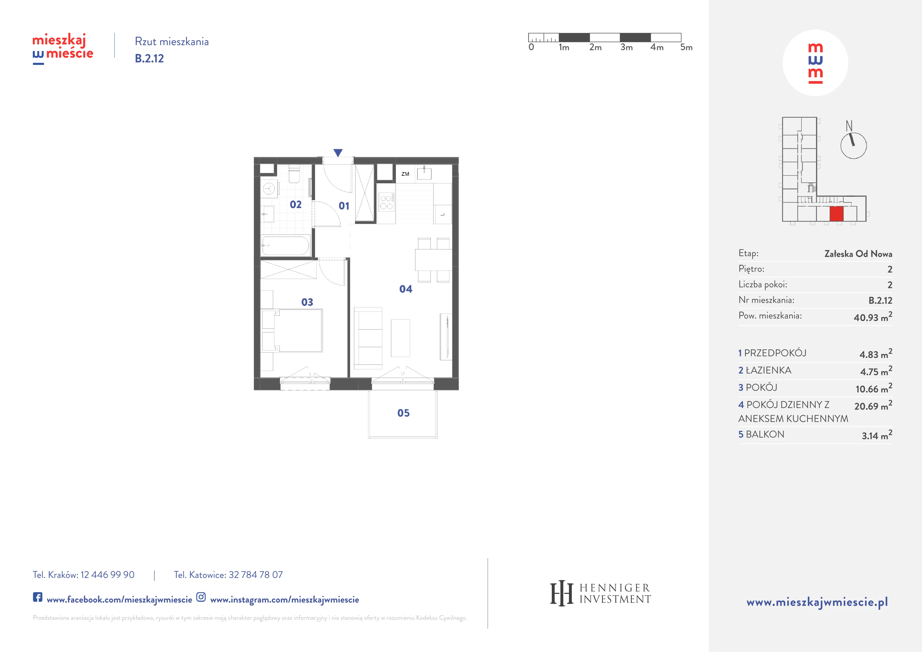 2 pokoje, mieszkanie 40,93 m², piętro 2, oferta nr B.2.12, Mieszkaj w mieście Załęska od Nowa, Katowice, Załęska Hałda-Brynów, Załęska Hałda, ul. Załęska Hałda