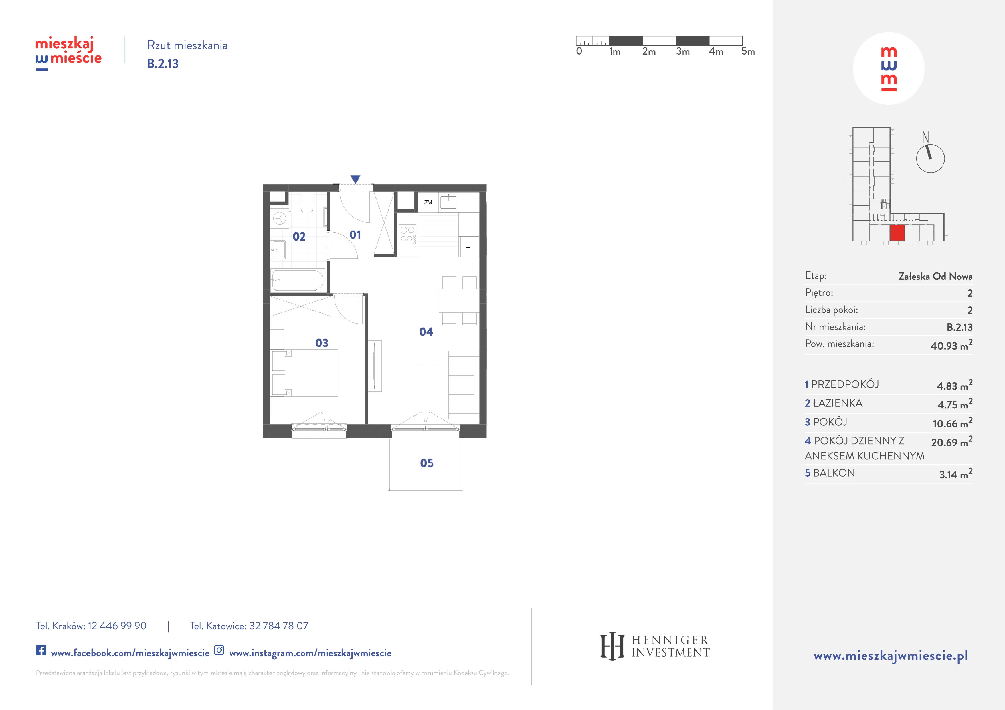 2 pokoje, mieszkanie 40,93 m², piętro 2, oferta nr B.2.13, Mieszkaj w mieście Załęska od Nowa, Katowice, Załęska Hałda-Brynów, Załęska Hałda, ul. Załęska Hałda