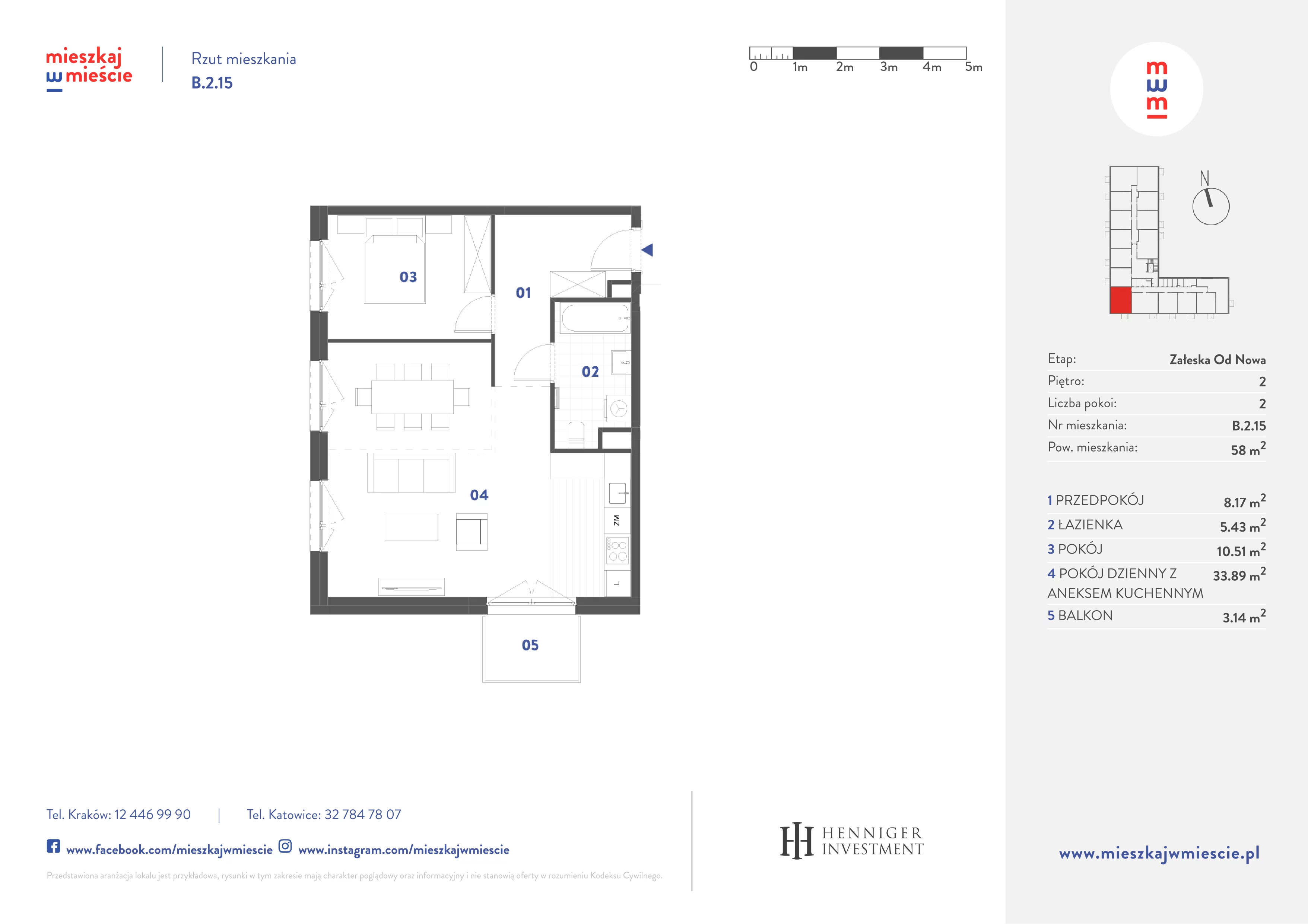 2 pokoje, mieszkanie 58,00 m², piętro 2, oferta nr B.2.15, Mieszkaj w mieście Załęska od Nowa, Katowice, Załęska Hałda-Brynów, Załęska Hałda, ul. Załęska Hałda