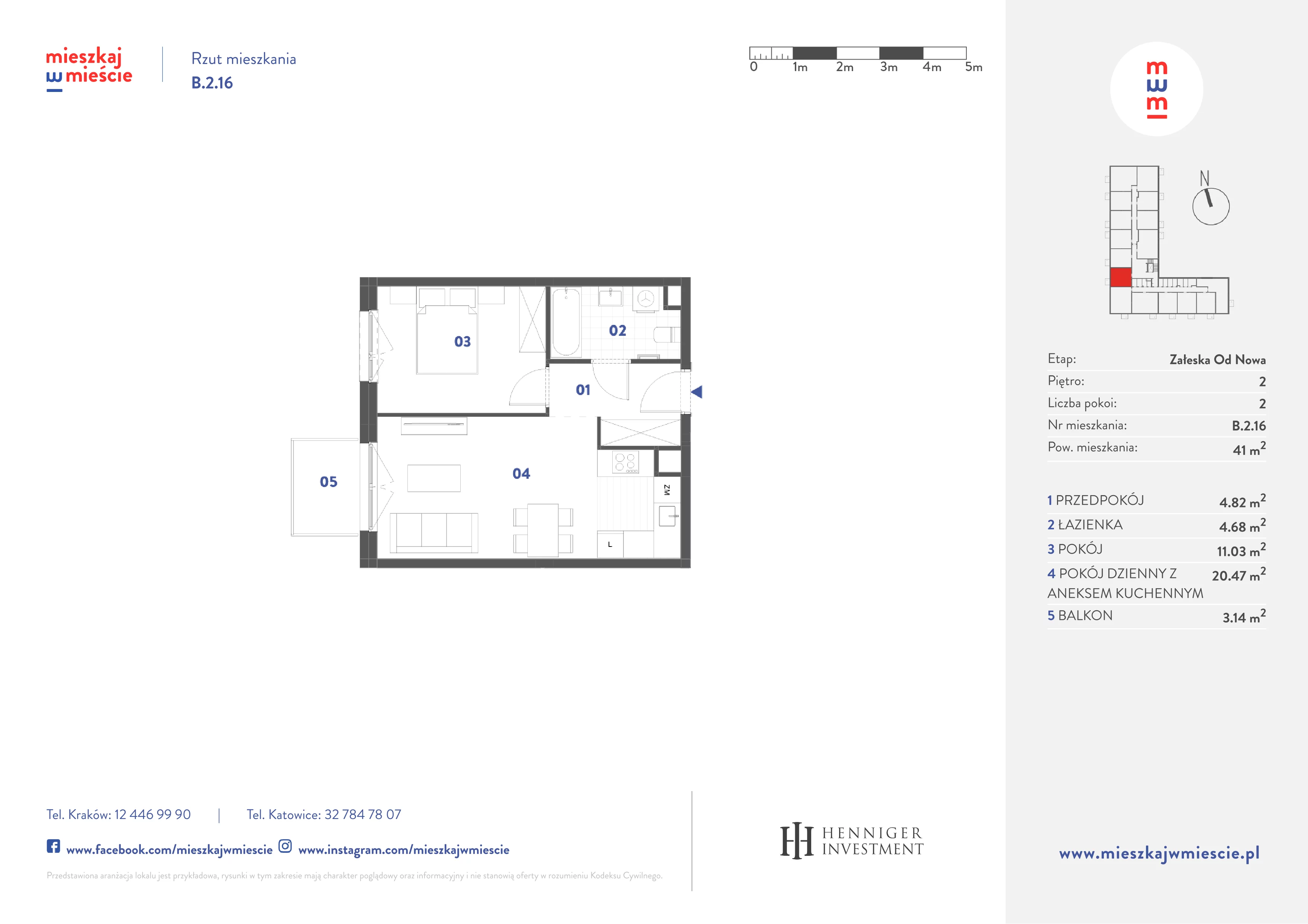 2 pokoje, mieszkanie 41,00 m², piętro 2, oferta nr B.2.16, Mieszkaj w mieście Załęska od Nowa, Katowice, Załęska Hałda-Brynów, Załęska Hałda, ul. Załęska Hałda