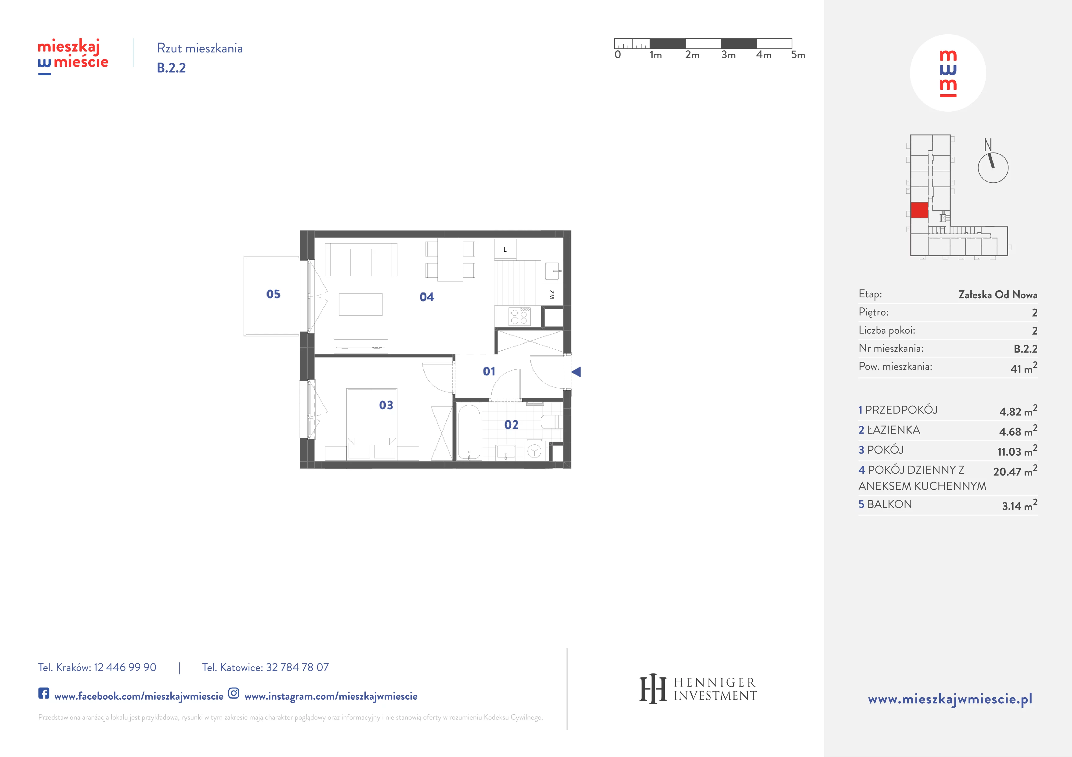 2 pokoje, mieszkanie 41,00 m², piętro 2, oferta nr B.2.2, Mieszkaj w mieście Załęska od Nowa, Katowice, Załęska Hałda-Brynów, Załęska Hałda, ul. Załęska Hałda