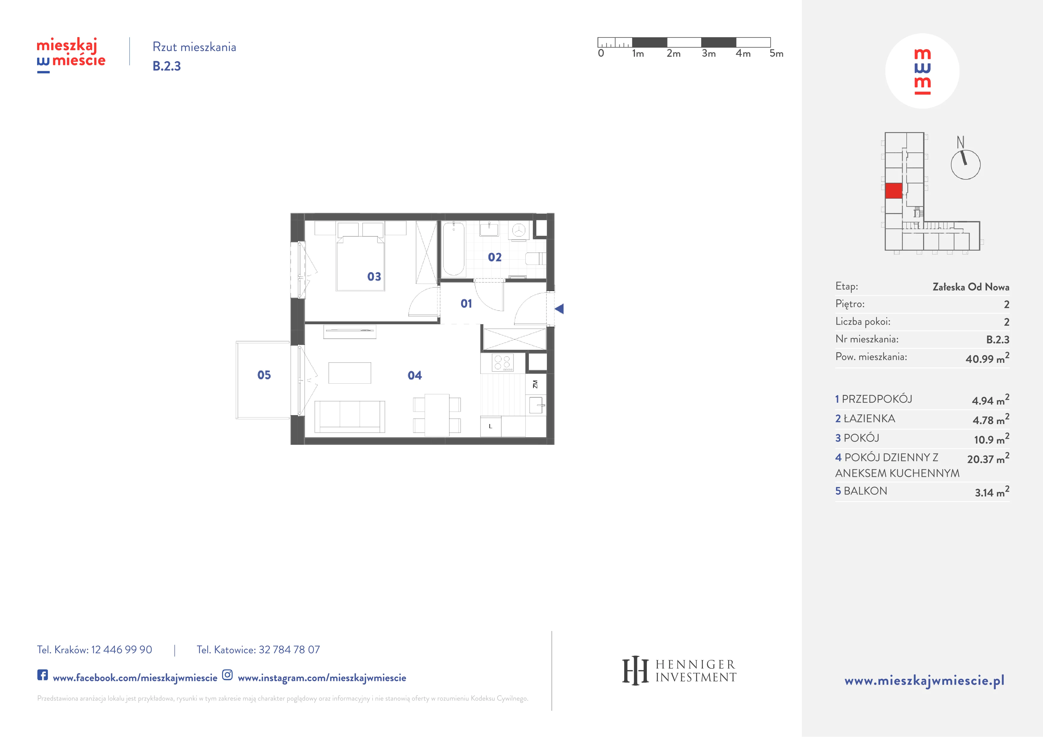 2 pokoje, mieszkanie 40,99 m², piętro 2, oferta nr B.2.3, Mieszkaj w mieście Załęska od Nowa, Katowice, Załęska Hałda-Brynów, Załęska Hałda, ul. Załęska Hałda