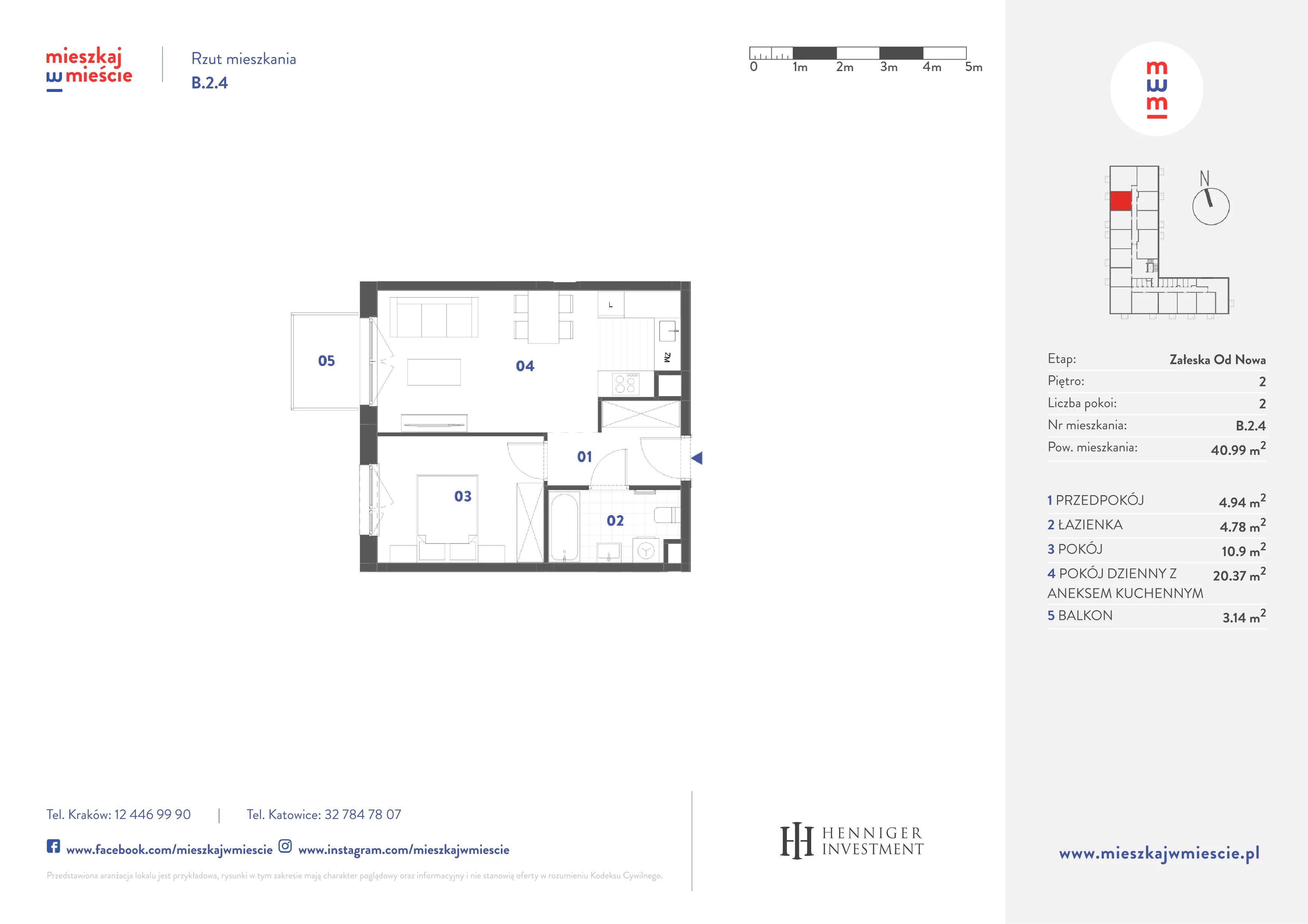 2 pokoje, mieszkanie 40,99 m², piętro 2, oferta nr B.2.4, Mieszkaj w mieście Załęska od Nowa, Katowice, Załęska Hałda-Brynów, Załęska Hałda, ul. Załęska Hałda